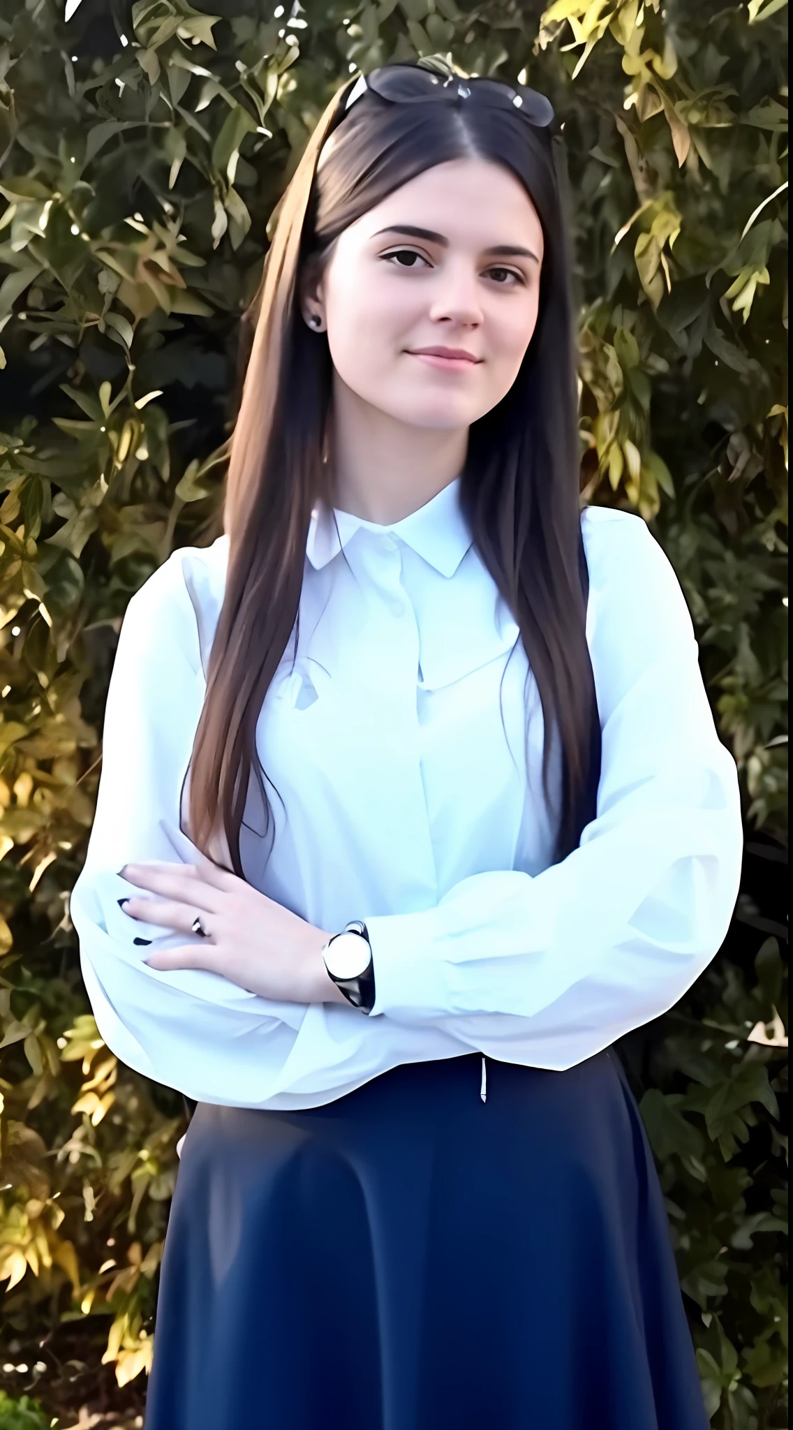 a white young women with black and long hair, facing and looking at camera