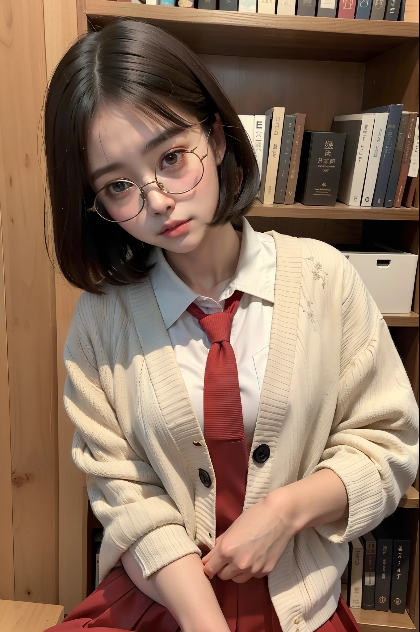 Photo Real、photoRealstic Dark hair、Short hair、bangss drooing eyes、with round face、The contours of the face are round、Plump cheeks、small mouth eye glasses、Round glasses、Big glasses、Black-rimmed glasses、校服、a sailor suit、Red tie、Beige cardigan、Red skirt hi-school girl、sixteen years old、japanes、Soft thighs Faces close、Face Close-up、Staring at this、Boldly rubbing your chest、Leaning against the bookshelf、Blushing Background with、bookcase、Timber wall、wood floor、Dark place