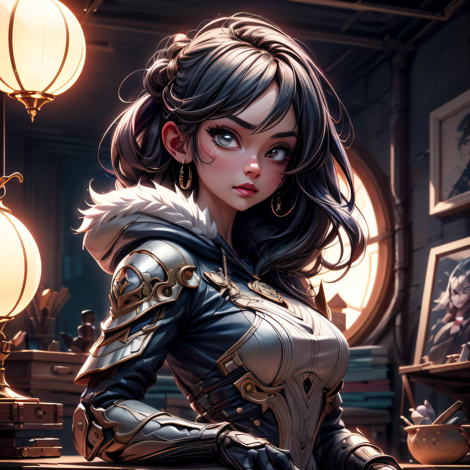 anime 1girl in her room, best quality digital illustration by wlop and artgerm, gorgeous lighting, detailed anime art, high quality, sharp focus, beautiful scene, detailed fur, detailed fur face with a black hoodie, detailed armor, portrait, detailed clothes, detailed background, artstation, realistic, expressive face, detailed hands, detailed eyes, artstation, insanely detailed, wallpaper, 8k, masterpiece