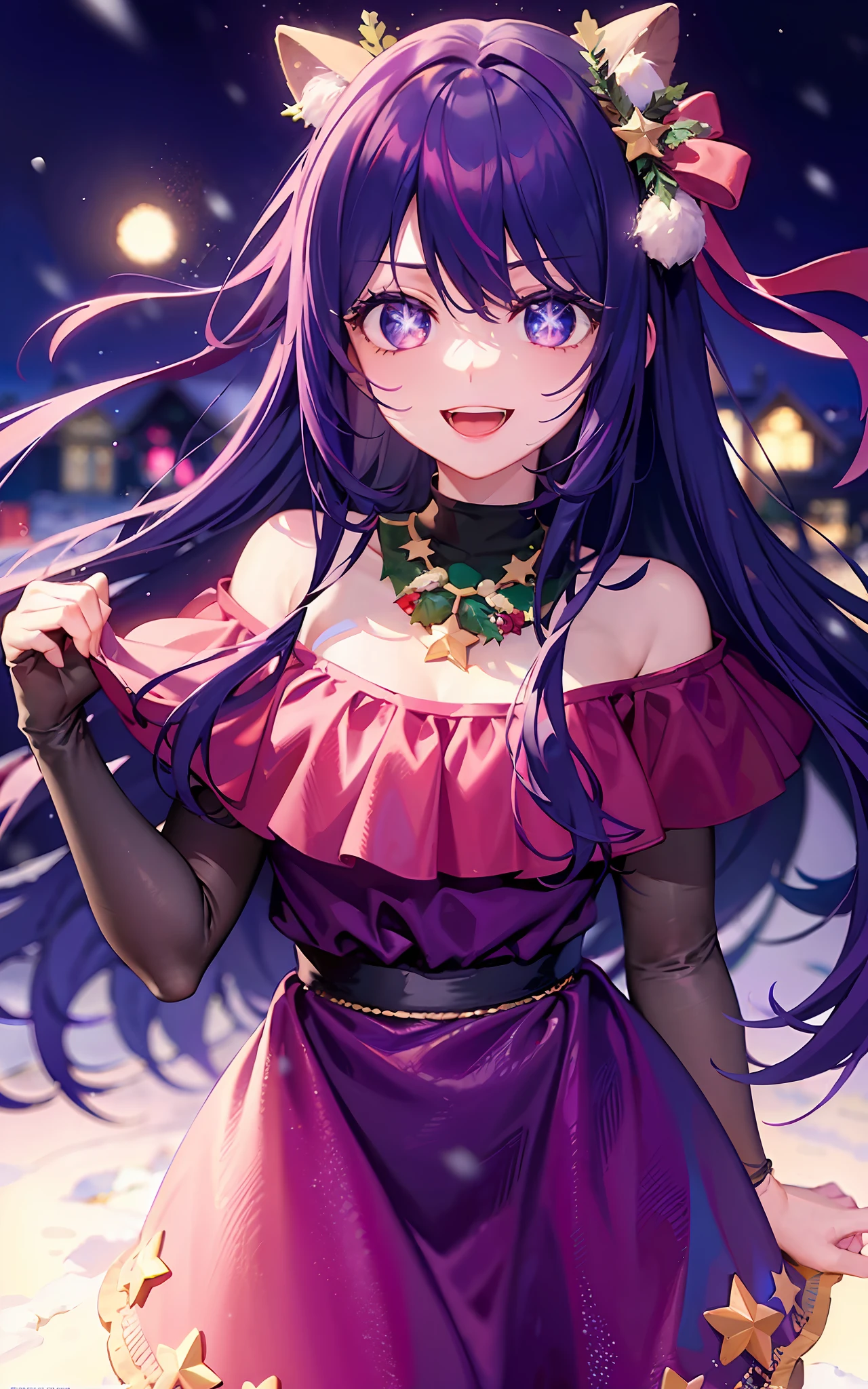 1girll,((There is a five-pointed star in the eye))Gorgeous Hair in Long Purple,Smile,Open mouth,Christmas dress,natta,themoon,snowfield