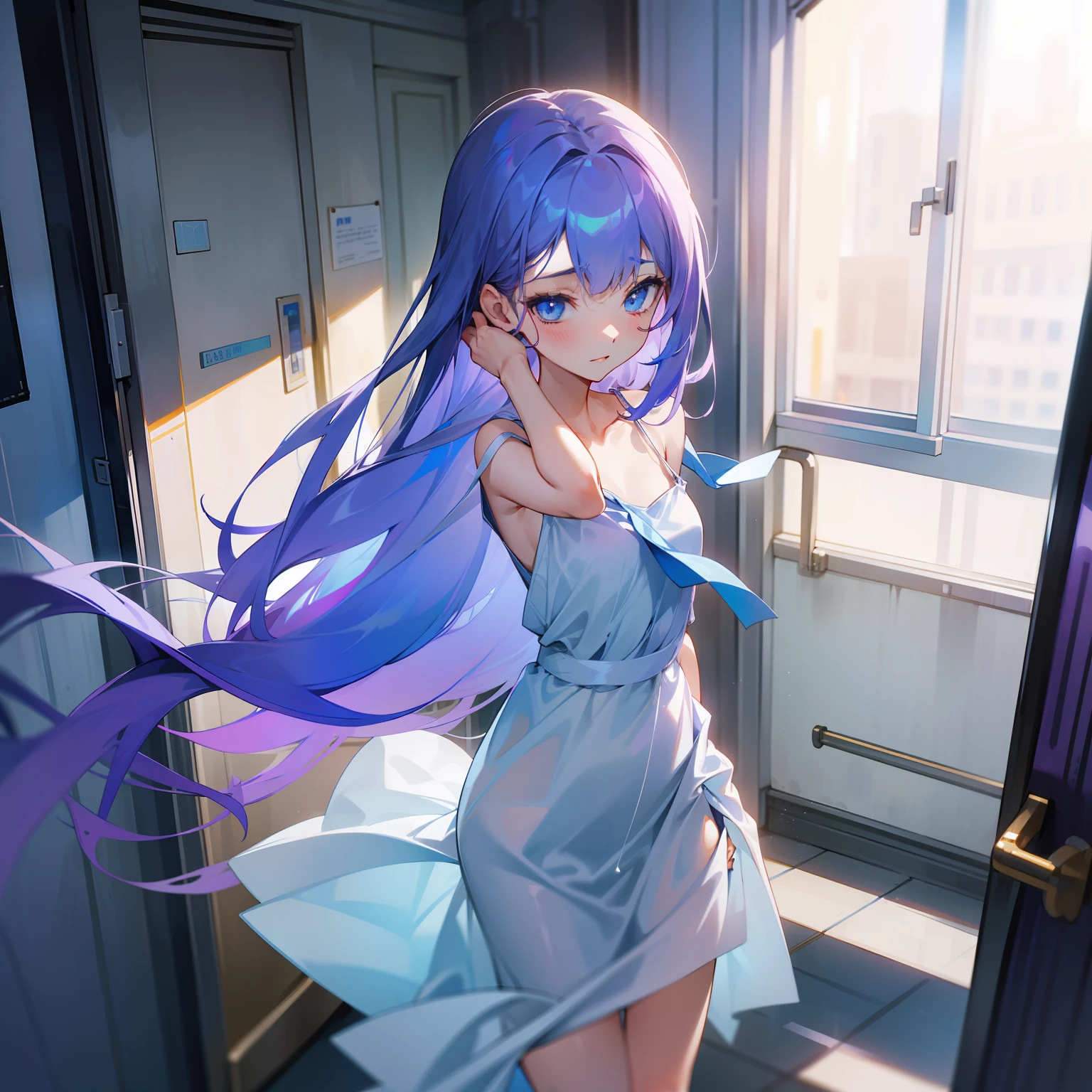 A long blue-purple hair,blue color eyes,in a white shirt,The girl in the blue slip dress scratched her head a little confused。In the hallways of the school