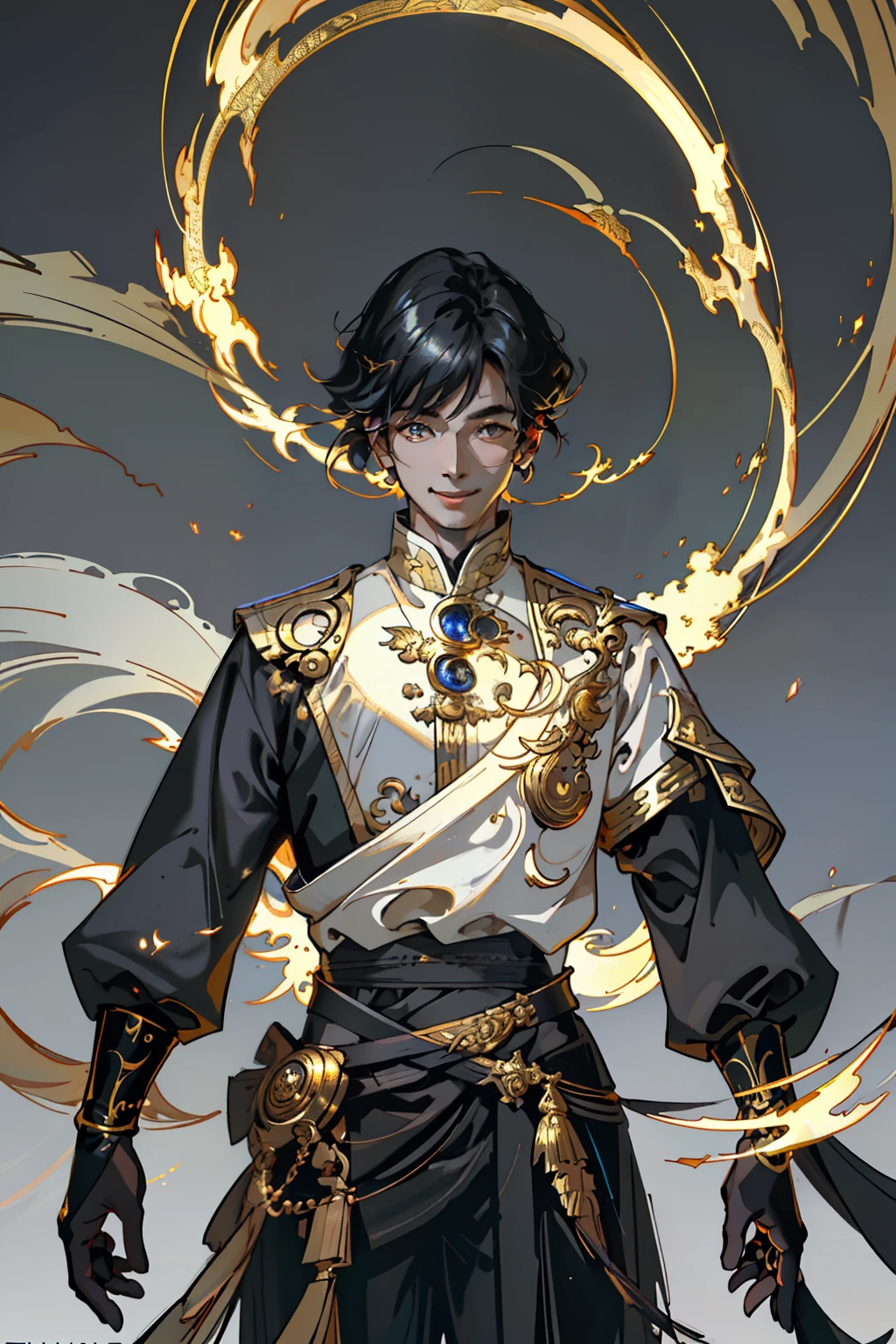 (Masterpiece, Best quality;1.3),realisticlying,Art level, Extremely detailed ,Ultra detailed, 1boys,Solo, view the viewer, Smile,
Black hair, Bob cut, White skin,Luo Jinzhi, Electric arcs and sparks, gold aura, blue lightning,
gold background, gold city, the roof,