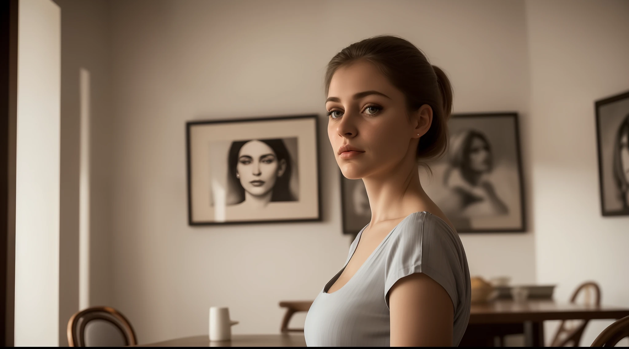 Waitress standing, super atraente na casa dos 30 anos usando um vestido longo. Alto contraste. rosto detalhado. natural lightting, Unbelievable details, Ultra High Definition, olhos abertos intensos. intimate atmosphere. rosto detalhado. olhos perfeitos. Lips gently closed.