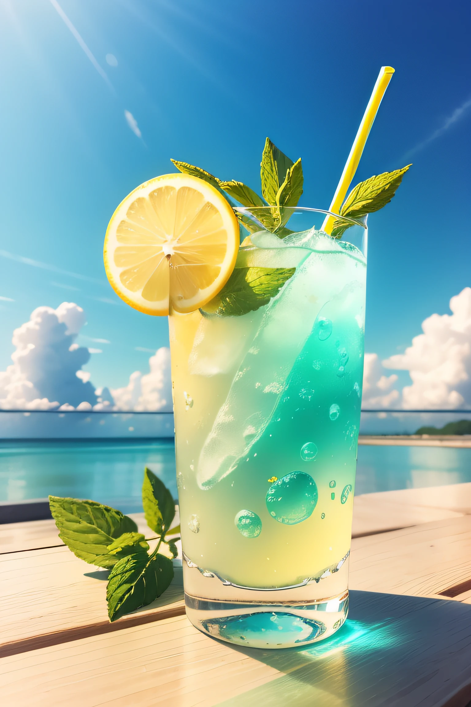 (No one) A soft drink containing lemon, mint leaves, and bubbles. The yellow fades to blue. It's cool. There are colored straws, ice cubes, placed on a green leaf, outdoors, a clear blue sky, beautiful clouds