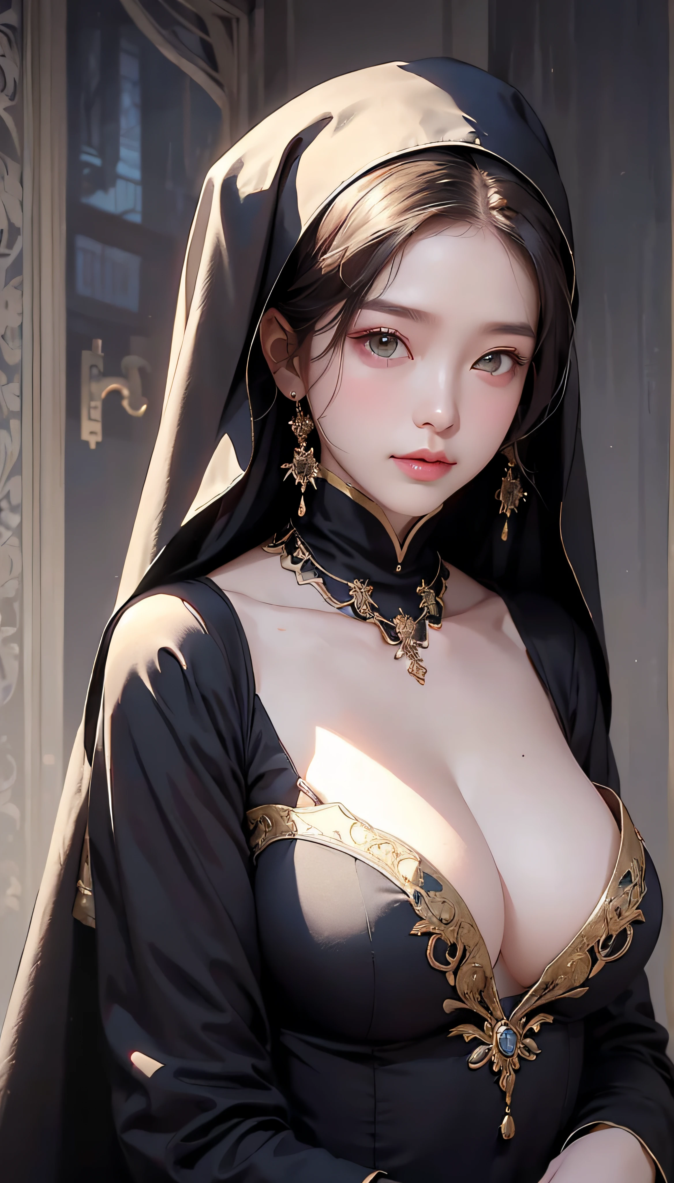 (1girll:1.3)、独奏、__Body parts__、offcial art、统一 8k 壁纸、ultra - detailed、Beauty and aesthetics、big breasts beautiful、tmasterpiece、best qualtiy、Fantastical Atmosphere、calm color palette、Tranquil Mood、soft shade、Sexy nun、Charisma spells、vignettes、Nun duties、looking to the camera,Light smile,Bigchest:1.4