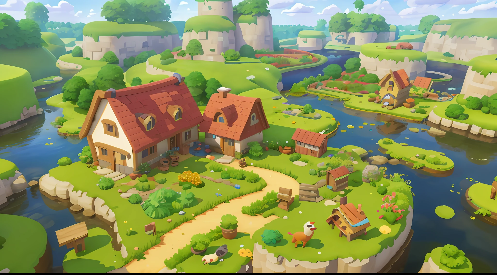 Game architecture design，Cartoony，Large farm，steins，ponds，small boats，grassy，farm house，Small rivers，borgar，the trees，Critters， casual game style， 3D， tmasterpiece， super detailing，Best quality at best