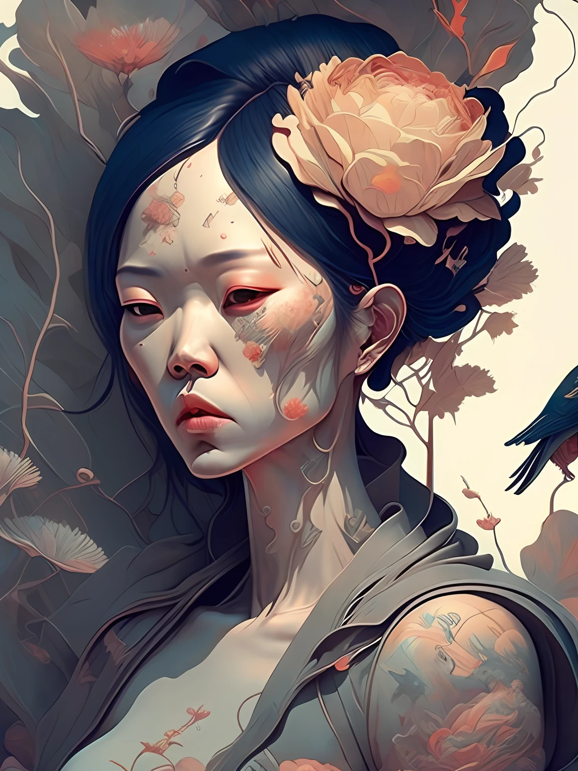 cyberpunk style, a painting of an asian woman with flowers and leaves on her head and a bird on her shoulder by James Jean