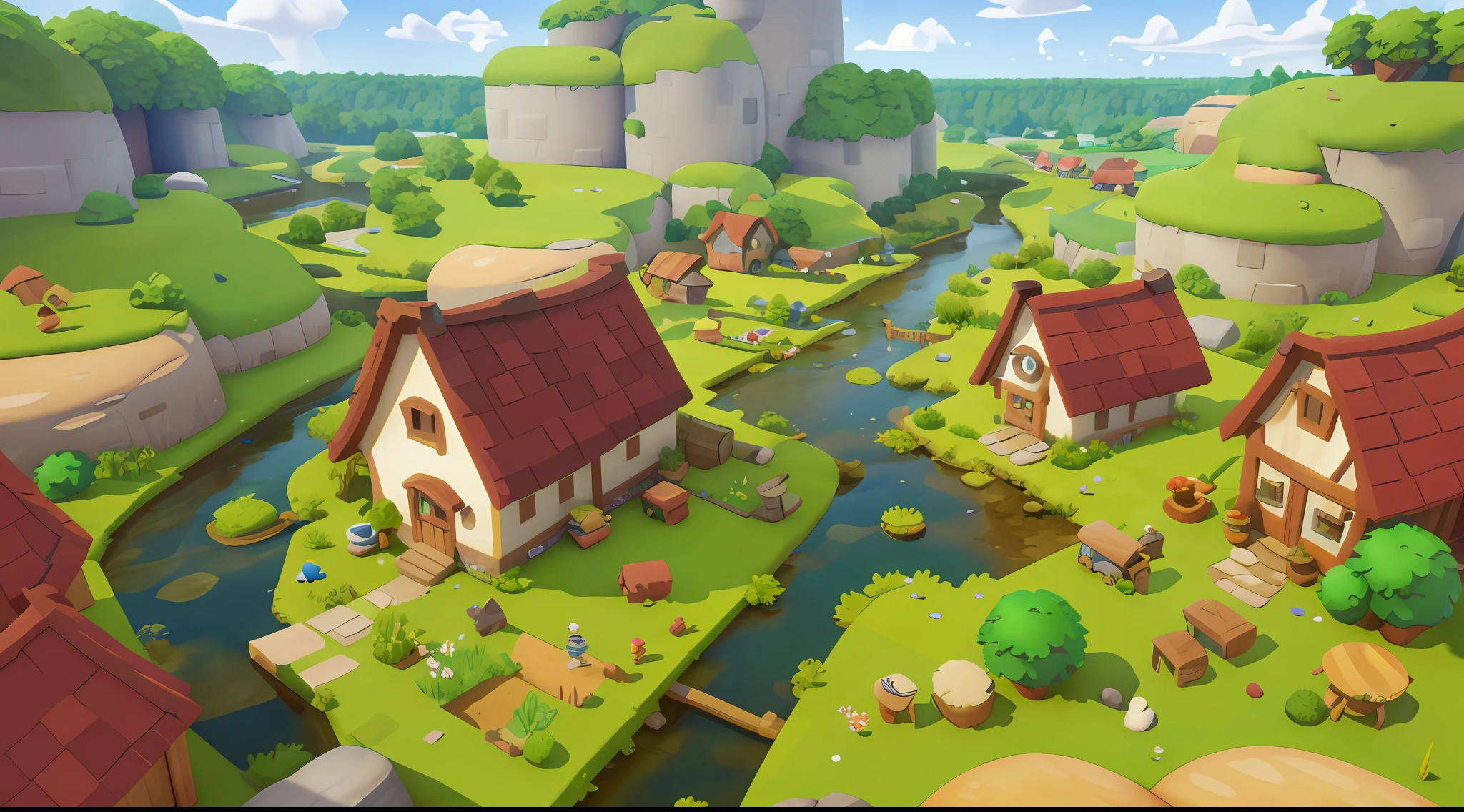 Game architecture design,Cartoony,Large farm,steins,ponds,small boats,grassy,farm house,Small rivers,borgar,the trees,Critters, casual game style, 3D, tmasterpiece, super detailing,Best quality at best
