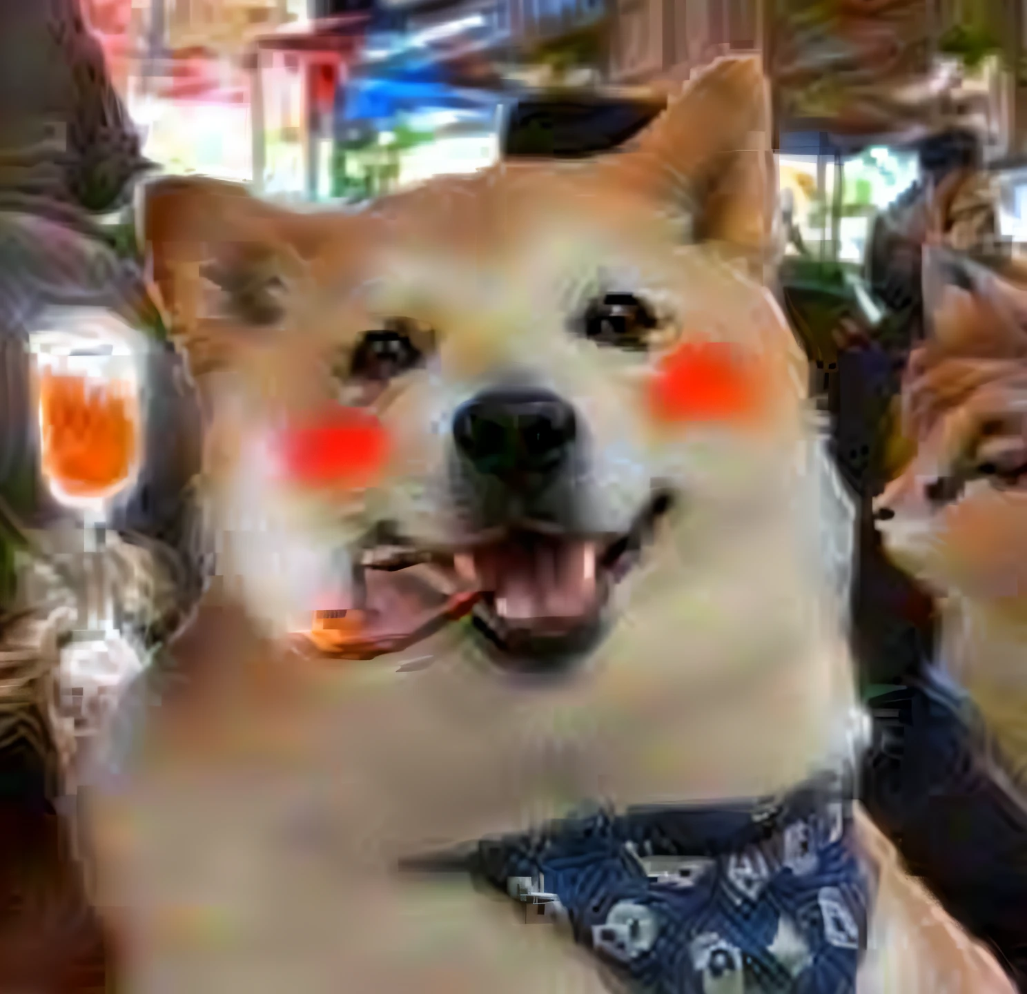 Alaphais, whose face was painted red and orange, held a beer, japanese dog, governor, Anthropomorphic Shiba Inu, doge meme, shibu inu, shiba inu holding a baseball bat, Shiba dog, Depp, Red Dieter meme, ultra real photo, miko, inspired by Shiba Kōkan, kawaii cute dog