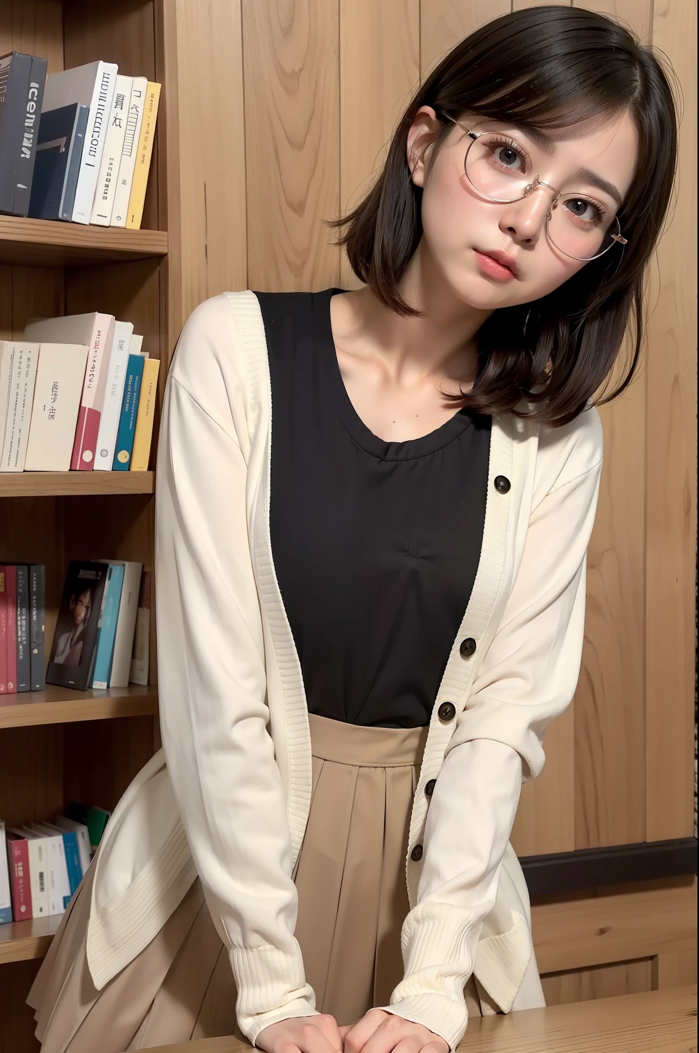 Photo Real、photoRealstic　Dark hair、Short hair、bangss　drooing eyes、with round face、The contours of the face are round、Plump cheeks、small mouth　eye glasses、Round glasses、Big glasses、Black-rimmed glasses、校服、a sailor suit、Beige cardigan、Red skirt　hi-school girl、、japanes、Soft thighs　Faces close、Face Close-up、Close distance、Staring at this、Boldly rubbing your chest、Leaning against the bookshelf、Blushing　Background with、bookcase、Timber wall、wood floor、Dark place