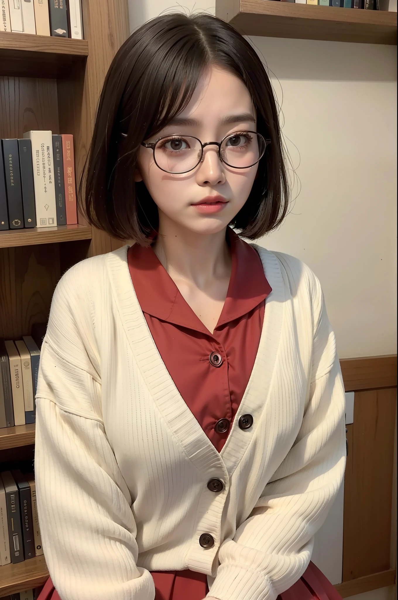 Photo Real、photoRealstic Dark hair、Short hair、bangss drooing eyes、with round face、The contours of the face are round、Plump cheeks、small mouth eye glasses、Round glasses、Big glasses、Black-rimmed glasses、校服、a sailor suit、Beige cardigan、Red skirt hi-school girl、sixteen years old、japanes、Soft thighs Faces close、Face Close-up、Close distance、Staring at this、Boldly rubbing your chest、Leaning against the bookshelf、Blushing Background with、bookcase、Timber wall、wood floor、Dark place