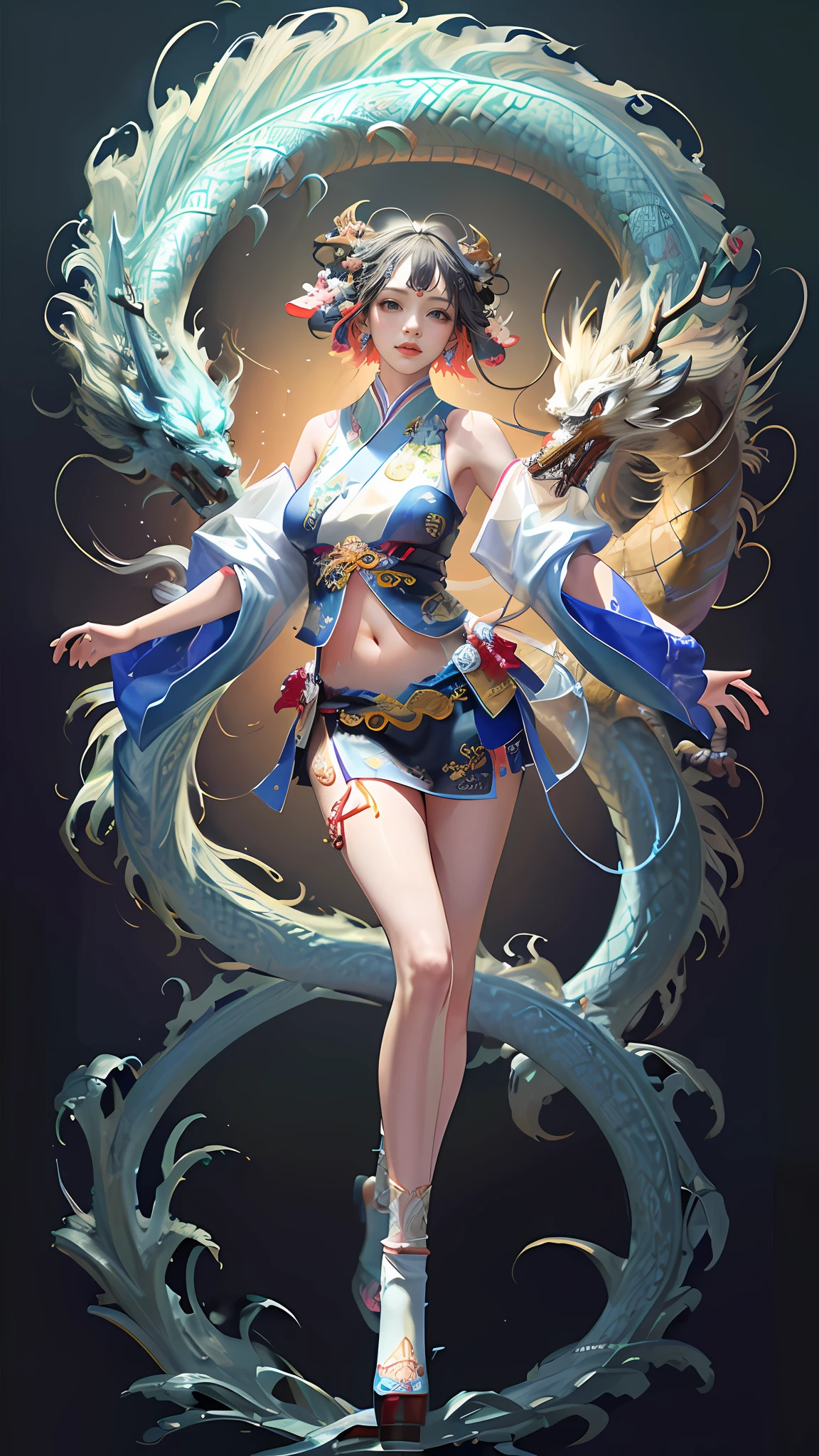Official Art, Unified 8K Wallpapers, Ultra Detailed, Beautiful and Aesthetic, Masterpiece, Best Quality, (Zentangle, Tangle, Entangle), (fractal art: 1.4), 1girl, black hair, Chinese, bare shoulders, short skirt, calf, navel, very detailed, dynamic angle, cowboyshot, (most beautiful form chaos), flowing, (bright colors), oc, (half: 1.2), china, (thangka flying sky: 1.5), (ribbon: 1.3), (dream: 1.5), (hanfu: 1.5), Chinese dragon, Chinese phoenix, (smile: 0.5), (Chinese deity),