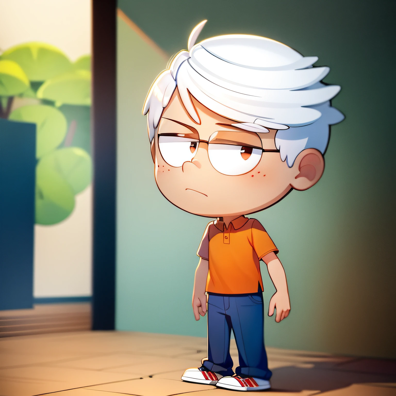 ((masterpiece, best quality)),(complex light),solo, solo focus, full body,1boy,lincoln loud, blue pants, simple background, standing,brown eyes, white hair,