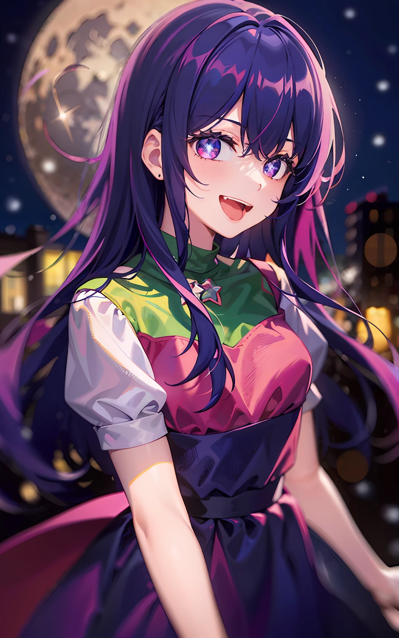 1girll,((There is a five-pointed star in the eye))Gorgeous Hair in Long Purple,Smile,Open mouth,Christmas dress,natta,themoon,snowfield