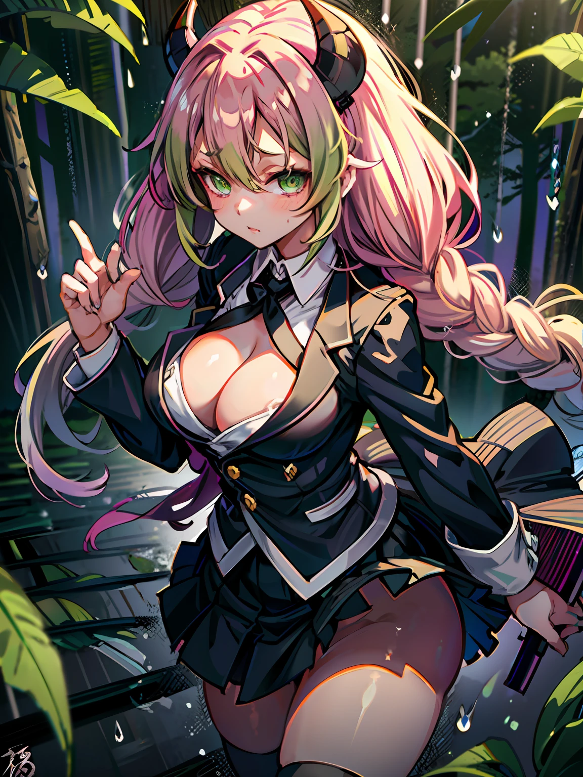 masterpiece, top quality, best quality, (sexual), 1girl, (upper body), (standing), Mitsuri, (gradient hair color), (long hair), seductive expression, sultry face, (love goddess), green eyes, (erotic),, cleavage, (demon slayer uniform), white jacket, (mini skirt), black skirt, (forest), (dark forest), (rain), (ominous),
