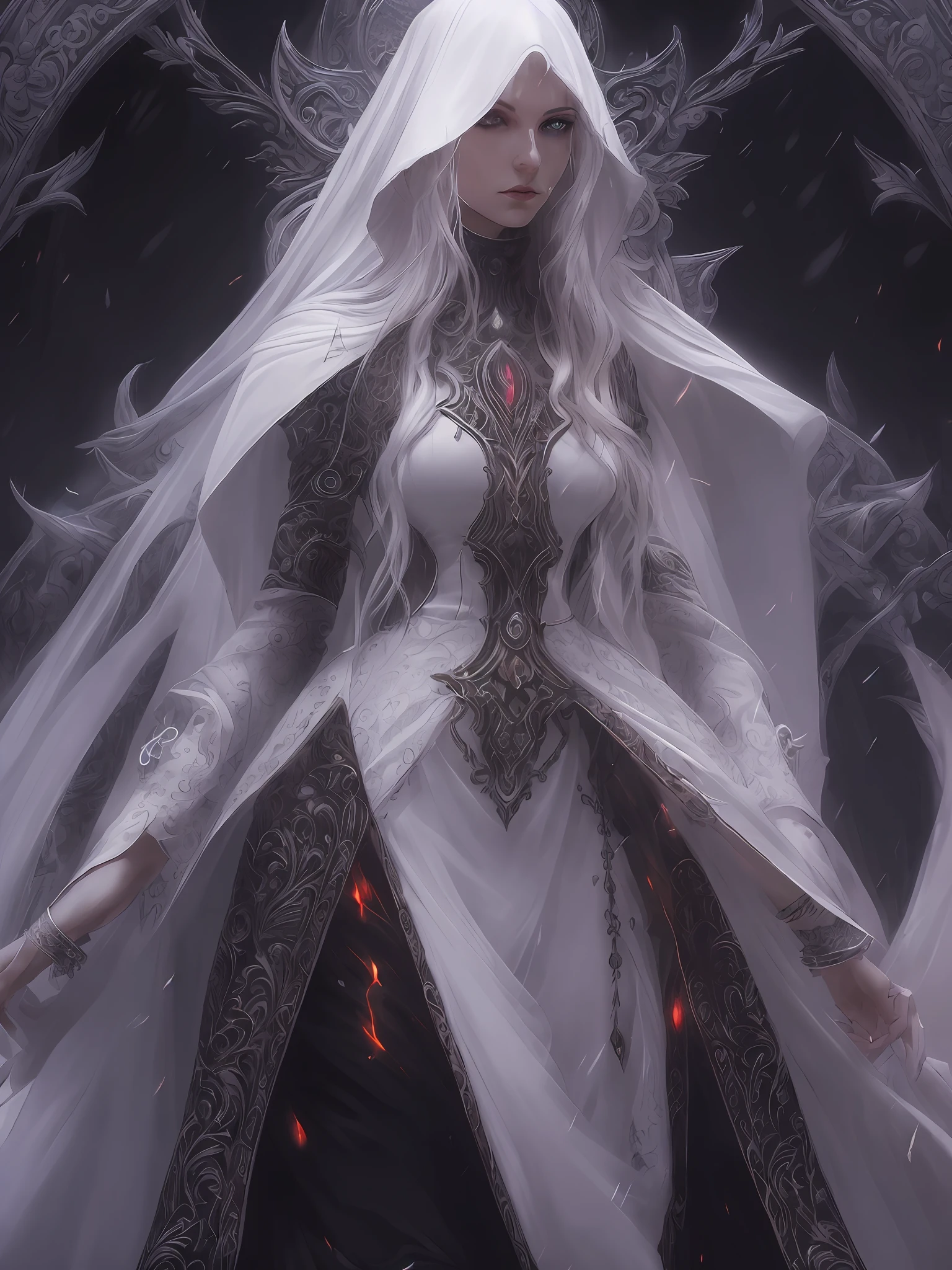 high details, best quality, 8k, [ultra detailed], masterpiece, best quality, (extremely detailed), dynamic angle, ultra wide shot, photorealistic, fantasy art, dnd art, dark fantasy art, realistic art, gothic art, an ultra wide, full body (intense details, Masterpiece, best quality: 1.5), picture of a female human (1.5 intricate details, Masterpiece, best quality) priestess of death ((pale white magical aura)), controlling a swirling magic (1.5 intense details, Masterpiece, best quality), manipulating [[magical sigils]] (1.5 intricate details, Masterpiece, best quality), human female, black  hair, pale skin,  long black hair with pale white aura, black hair with pale touch, white eyes, pale eyes, intense eyes,  ((glowing eyes)), black dress, impressive dress, awe inspiring dress (intense details, Masterpiece, best quality: 1.5), red cloak, flowing cloak.  (intense details, Masterpiece, best quality: 1.5), high heeled boots, (intense details, Masterpiece, best quality: 1.5), fantasy dark temple background, ((death worship atmosphere)), high details, depth of field (intense details, Masterpiece, best quality: 1.5),best quality, highres, ultra wide angle