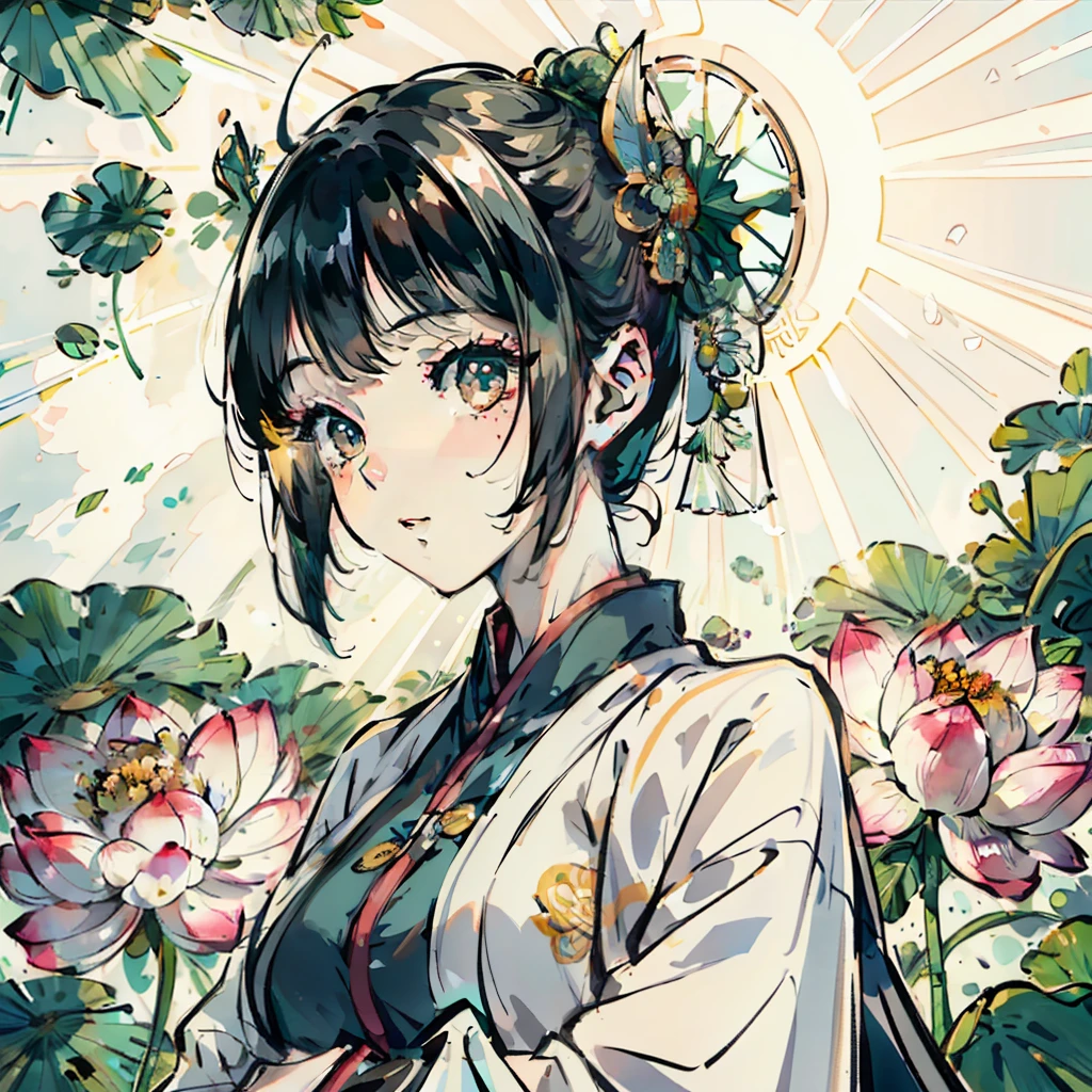 one-girl， Ancient Chinese clothing， full bodyesbian， rays of sunshine， Clear face， Clean white background， tmasterpiece， super detailing， Epic composition， hyper HD， high qulity， extremely detaile， offcial art， Uniform 8k wallpaper， super detailing， 32k，Green art，lotuses，Lotus leaf