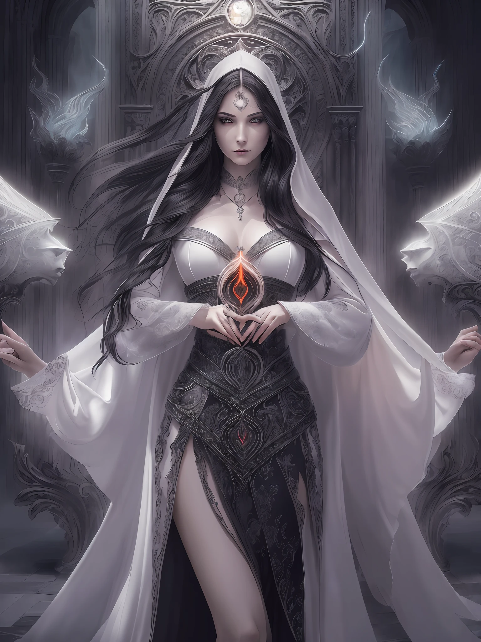high details, best quality, 8k, [ultra detailed], masterpiece, best quality, (extremely detailed), dynamic angle, ultra wide shot, photorealistic, fantasy art, dnd art, dark fantasy art, realistic art, gothic art, an ultra wide, full body (intense details, Masterpiece, best quality: 1.5), picture of a female human (1.5 intricate details, Masterpiece, best quality) priestess of death ((pale white magical aura)), controlling a swirling magic (1.5 intense details, Masterpiece, best quality), manipulating [[magical sigils]] (1.5 intricate details, Masterpiece, best quality), human female, black  hair, pale skin,  long black hair with pale white aura, black hair with pale touch, white eyes, pale eyes, intense eyes,  ((glowing eyes)), black dress, impressive dress, awe inspiring dress (intense details, Masterpiece, best quality: 1.5), red cloak, flowing cloak.  (intense details, Masterpiece, best quality: 1.5), high heeled boots, (intense details, Masterpiece, best quality: 1.5), fantasy dark temple background, ((death worship atmosphere)), high details, depth of field (intense details, Masterpiece, best quality: 1.5),best quality, highres, ultra wide angle