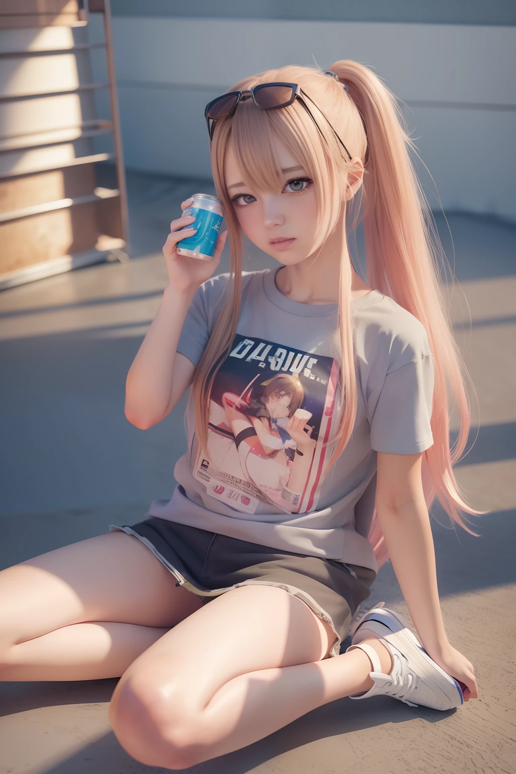 anime girl sitting on the floor with a soda can and soda cans, realistic anime 3 d style, charming anime girls, Seductive Anime Girl, perfect android girl, anime styled 3d, anime girl drinks energy drink, Beautiful anime girl, Anime style. 8K, young anime girl, artwork in the style of guweiz, anime style 4 k, Anime Girl