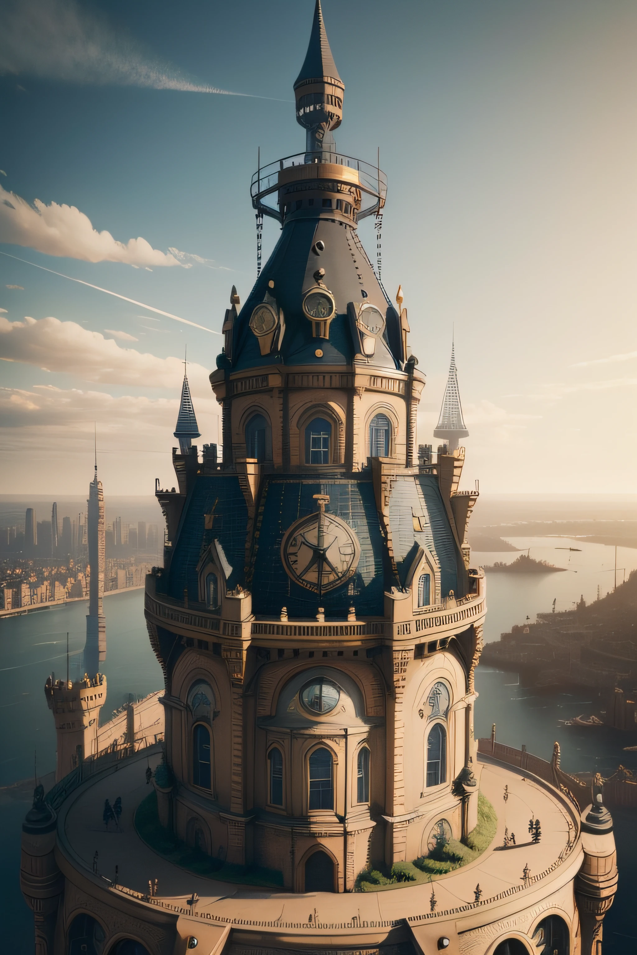 SteamPunkAI, Cogpunk helicopter, city castle, steampunk