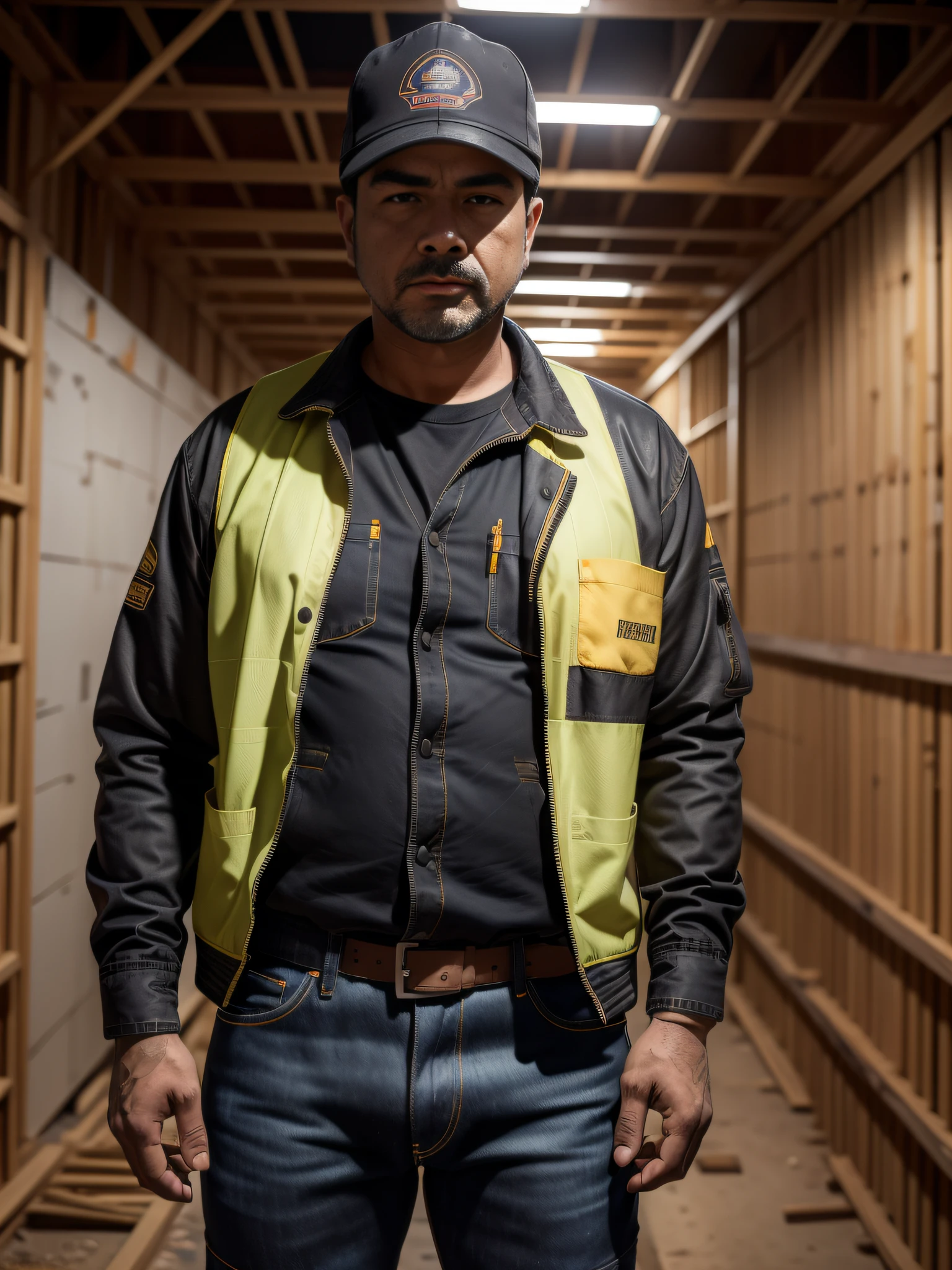 1homem, ((com traje, construction worker's jacket, calca jeans velha, sapato preto de borracha)), ((Autorretrato de corpo inteiro)), 8k UHD, DSLR, grain of film, pintura fotorrealista, arte midjourney, in a scenario of a construction corridor under construction, with sharp focus.