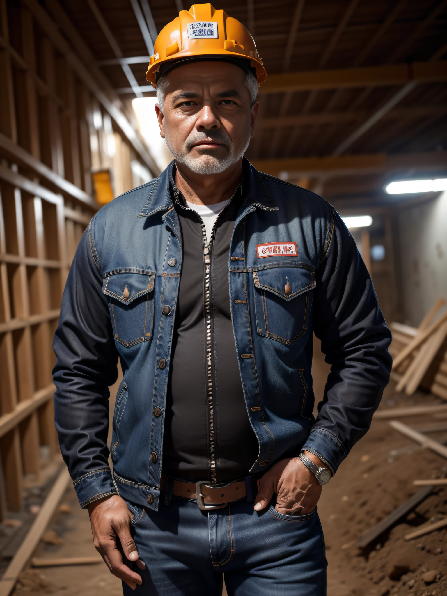 1homem, de 65 anos, ((com traje, construction worker's jacket, calca jeans velha, sapato preto de borracha)), ((Autorretrato de corpo inteiro)), 8k UHD, DSLR, grain of film, Pintura fotorrealista, Arte MidJourney, in a scenario of a construction corridor under construction, with sharp focus.