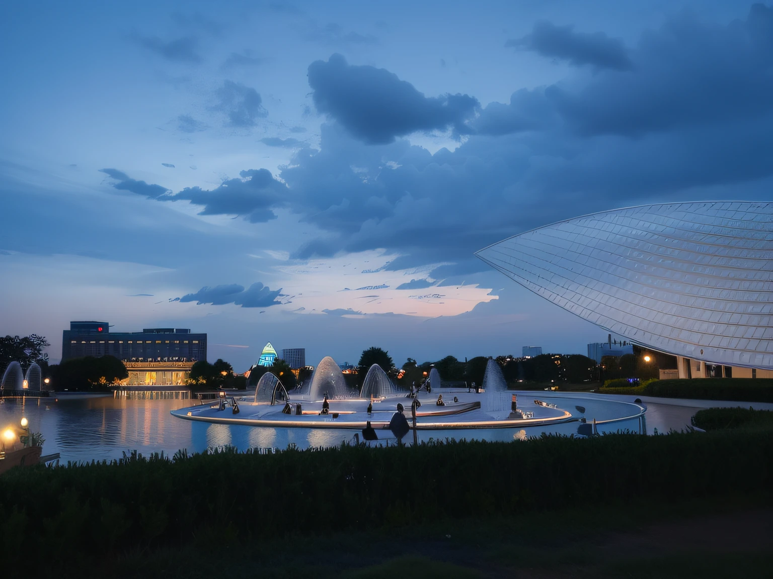 Night view of the park with fountains and large buildings, photography shot at blue hour, taken with sony alpha 9, At dusk!, taken with a Sony A7R camera, late sunset, At sunset, In the evening, shot with a canon 20mm lens, Masterpiece works of art, taken with canon 8 0 d, at twilight, Summer evening