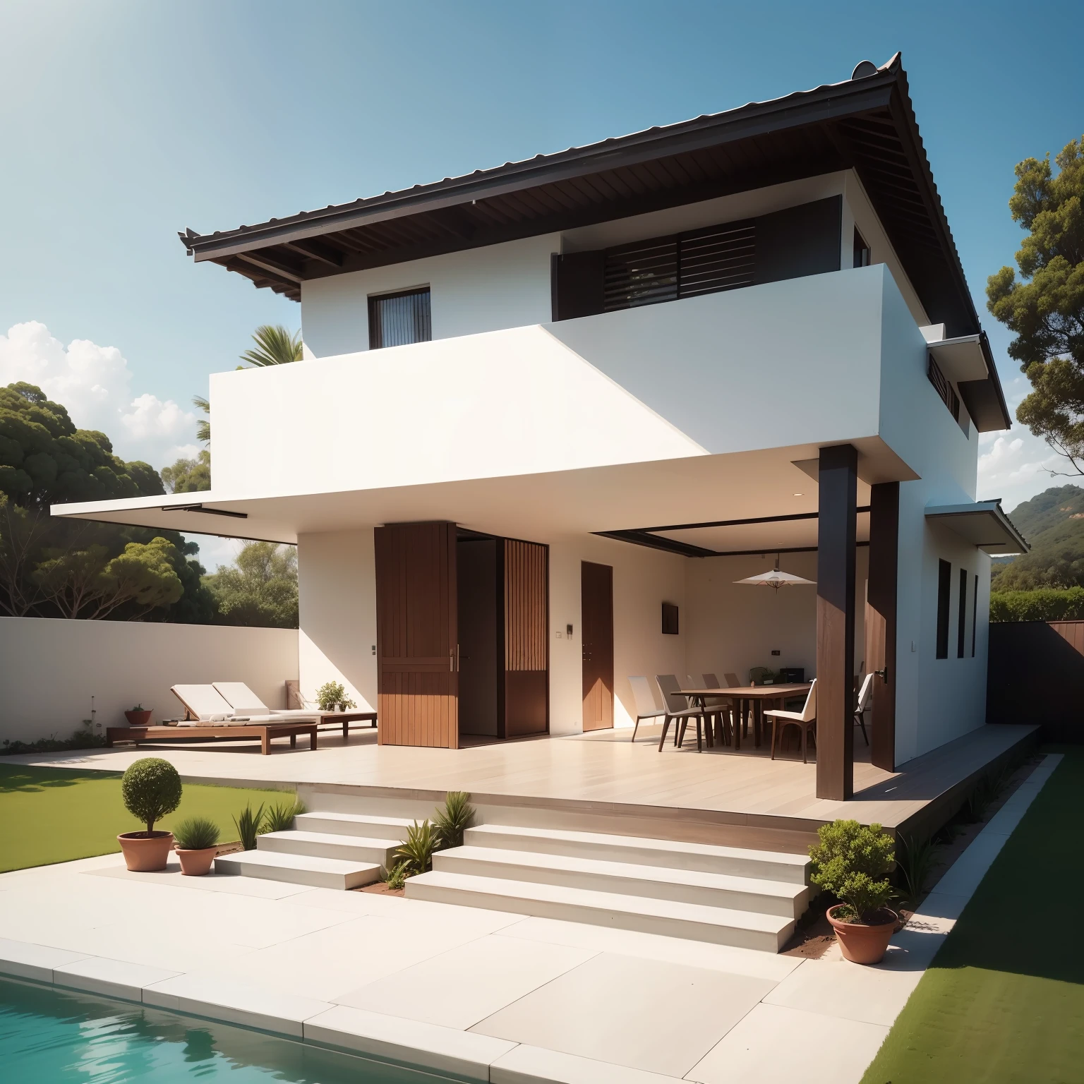 Obra-prima, alta qualidade, melhor qualidade, super detalhe, minimalismo, exterior, Luxury leisure area, casa moderna, churrasqueira colonial, mesa comprida com cadeiras em MDF na cor Ovo Original, /(moderno/)