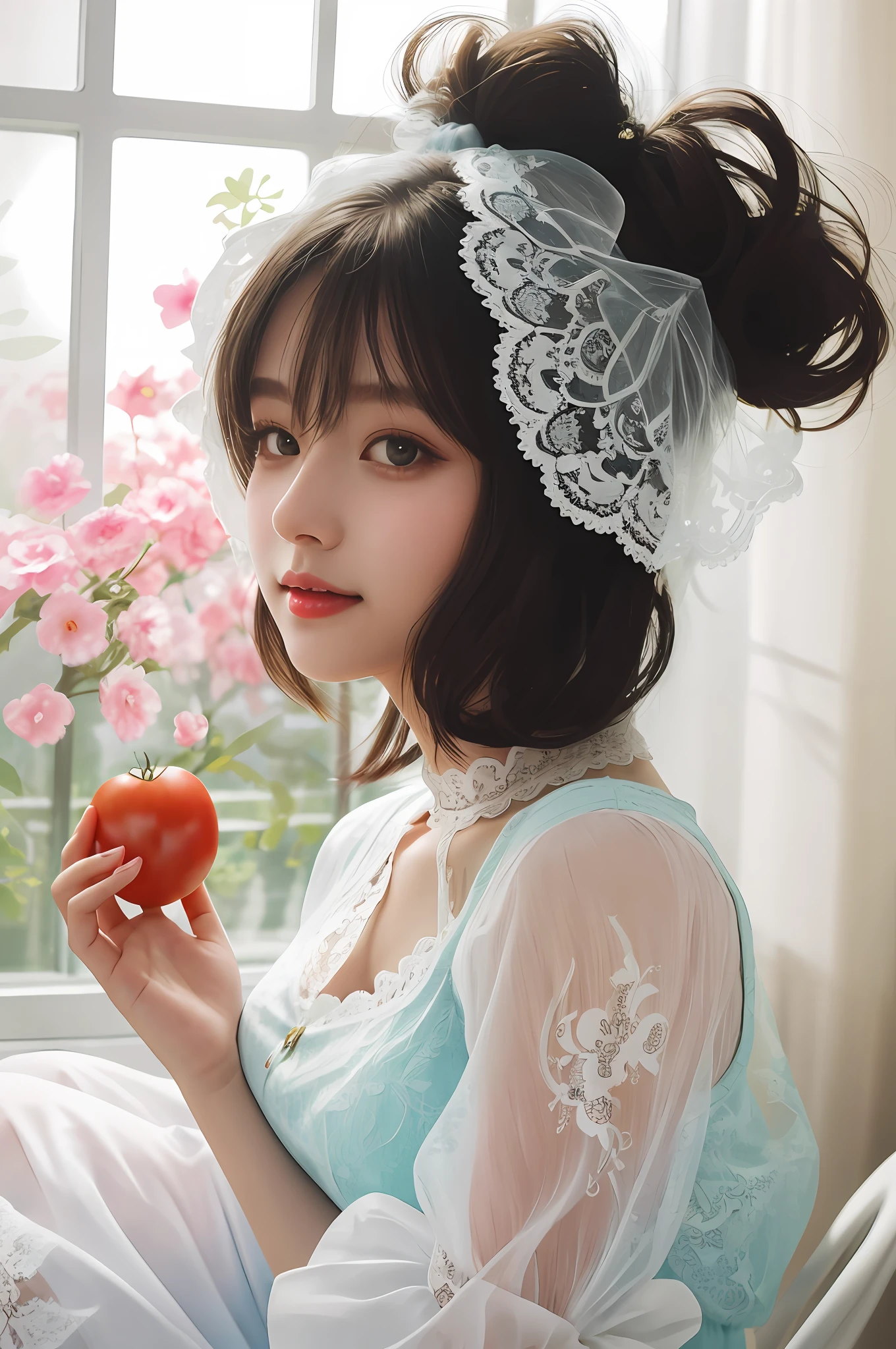 There was a woman holding a tomato in her hand。。, Realistic cute girl painting, The girl smiled,Wear a white lace dress,Lace vest,Global illumination,The light hits you,The light is gentle,Hair reflex,The background is severely blurred,Background caustics,Beautiful digital artwork, Very beautiful girl, Beautiful girl model, beautiful portrait image, Beautiful young girl, A beautiful young woman, Attractive girl, cute beautiful, beautiful digital art, beautiful fantasy art portrait, very beautiful portrait, high quality portrait, digital art picture, gorgeous digital art, Gorgeous digital painting