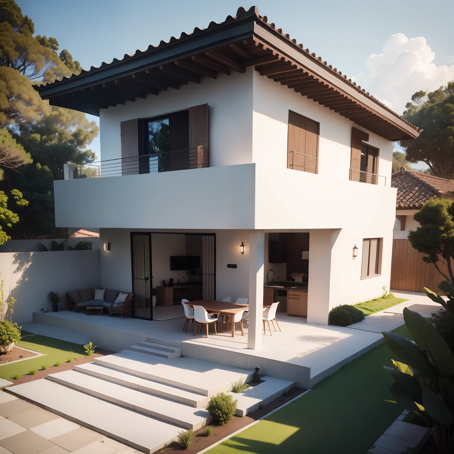 Obra-prima, alta qualidade, melhor qualidade, super detalhe, minimalismo, exterior, Luxury leisure area, casa moderna, churrasqueira colonial, mesa comprida com cadeiras em MDF na cor Ovo Original, /(moderno/)