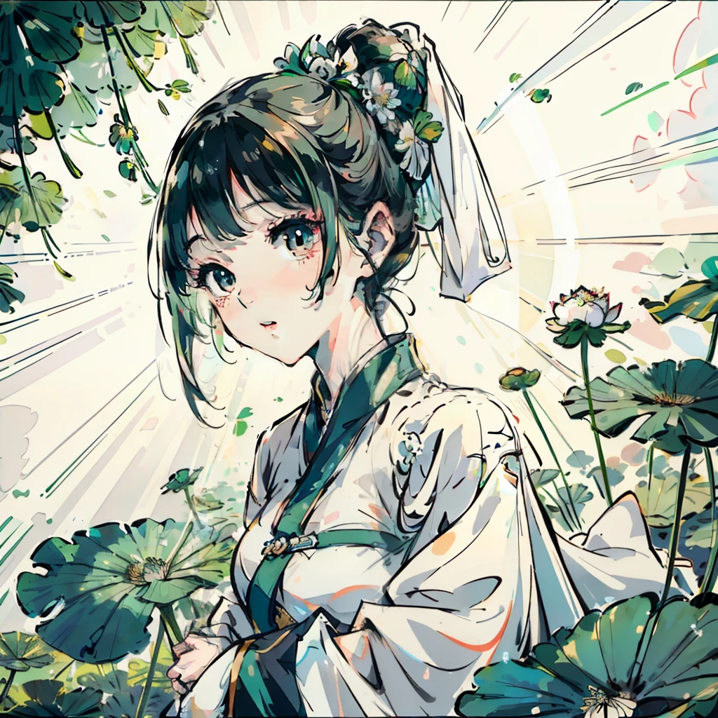 one-girl, Ancient Chinese clothing, full bodyesbian, rays of sunshine, Clear face, Clean white background, tmasterpiece, super detailing, Epic composition, hyper HD, high qulity, extremely detaile, offcial art, Uniform 8k wallpaper, super detailing, 32k,Green art,lotuses,Lotus leaf