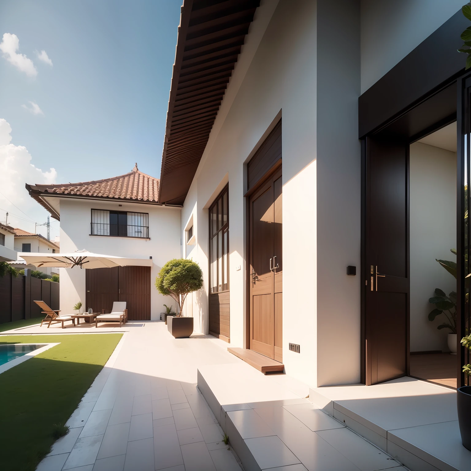 Obra-prima, alta qualidade, melhor qualidade, super detalhe, minimalismo, exterior, Luxury leisure area, casa moderna, churrasqueira colonial, mesa comprida com cadeiras em MDF na cor Ovo Original, /(moderno/)