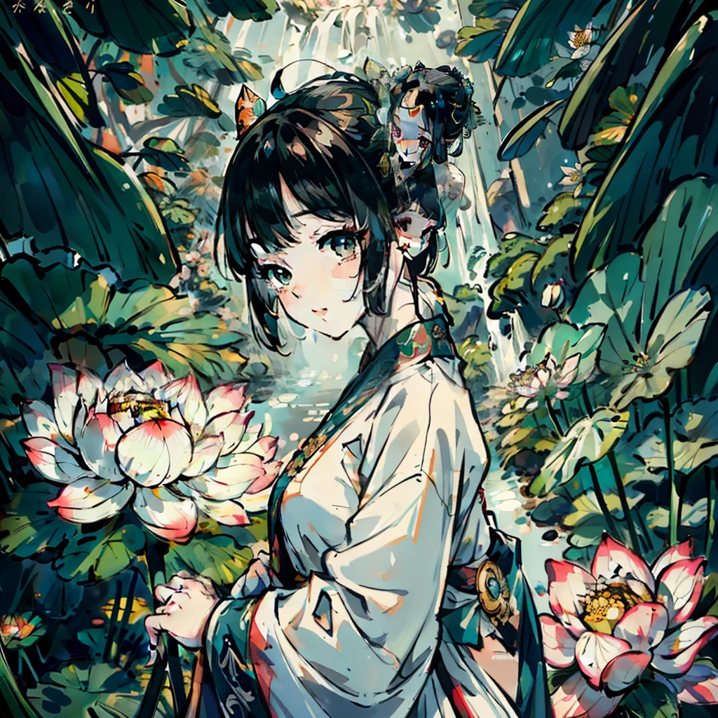 one-girl， Ancient Chinese clothing， full bodyesbian， rays of sunshine， Clear face， Clean white background， tmasterpiece， super detailing， Epic composition， hyper HD， high qulity， extremely detaile， offcial art， Uniform 8k wallpaper， super detailing， 32k，Green art，lotuses，Lotus leaf