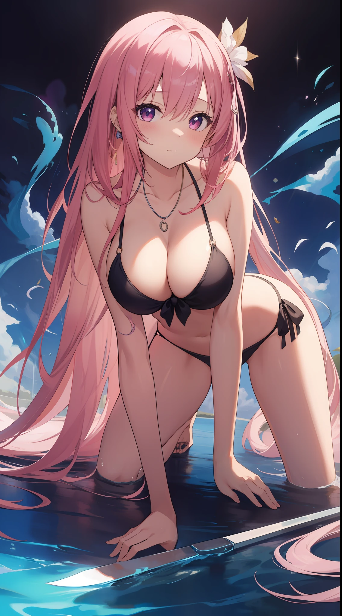 A masterpiece painted with transcendent virtuosity、1girl in、The bikini、Big sickle、a necklace,all-fours、Kamimei、Staring at me、Cute anime illustration、