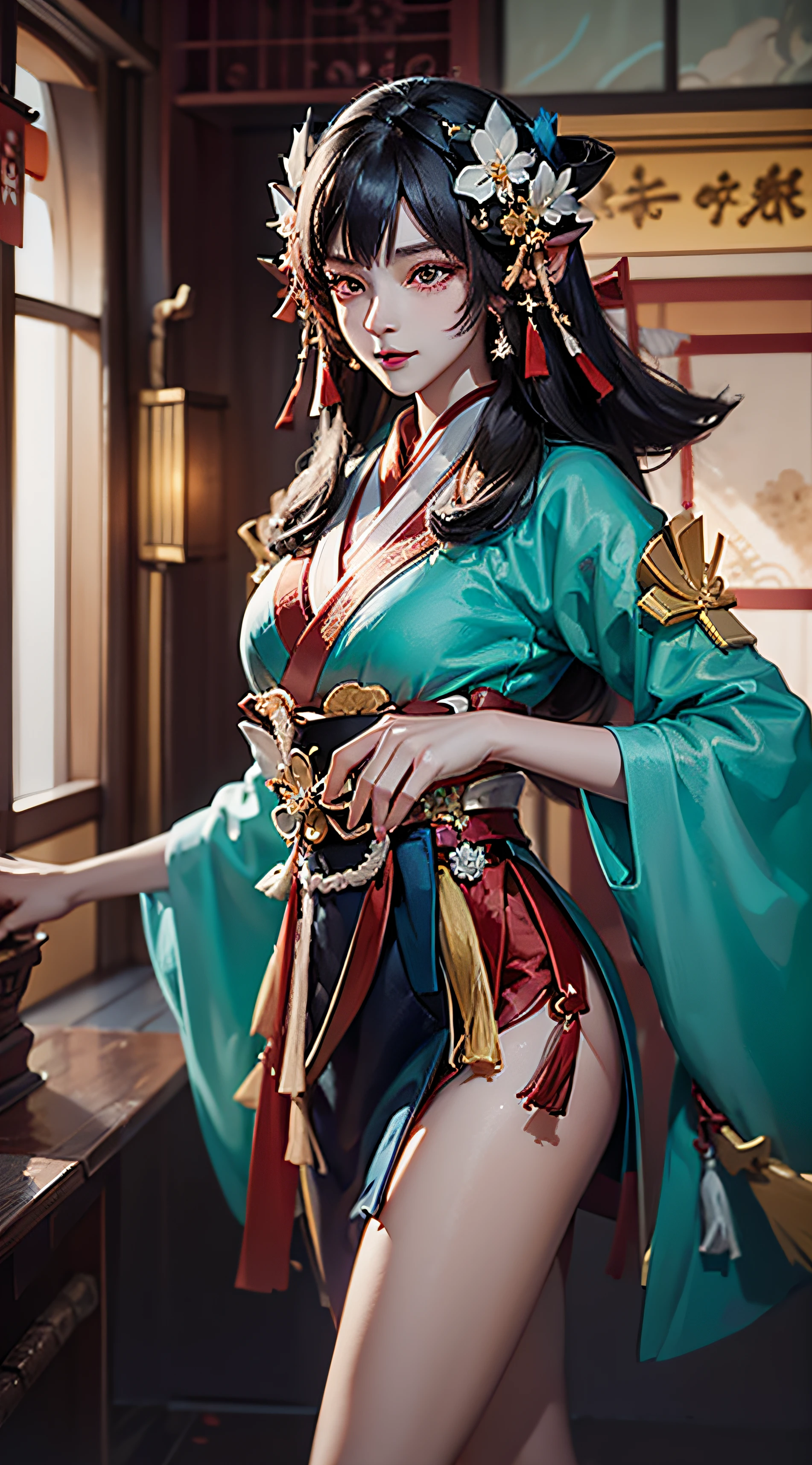 1 girl, onmyoji, in a temple, best quality, ((dancing)), ultra beautiful, glitering, dust in the air, dreammy, ultra realistic, slightly opened eyes