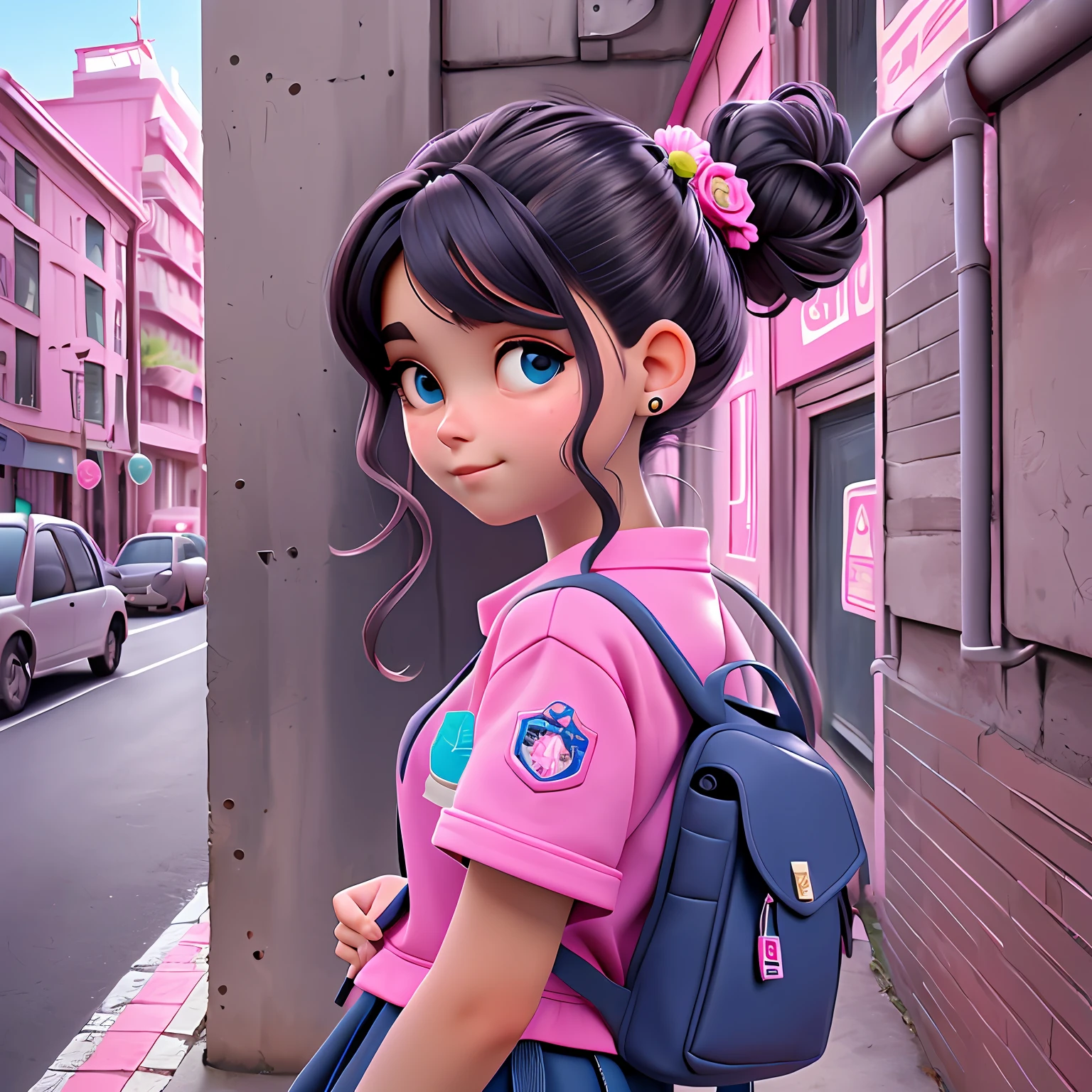 uma menina jovem, Your hair is stuck in a double bun, kalap, tom preto com mechas rosas, roupas leves, mochila, livros, corpo inteiro, The background is filled with a school theme, urbano.