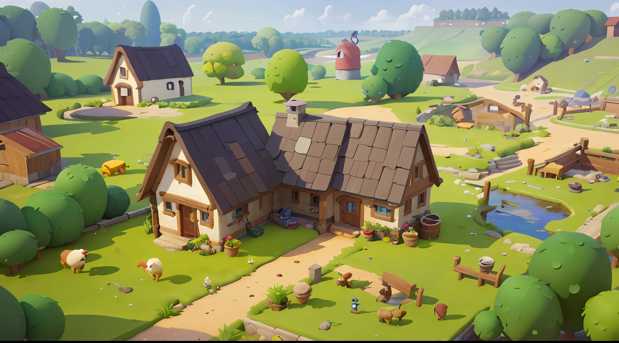 Game architecture design，Cartoony，Large farm，steins，ponds，small boats，grassy，farm house，Small rivers，borgar，the trees，Critters， casual game style， 3D， tmasterpiece， super detailing，Best quality at best