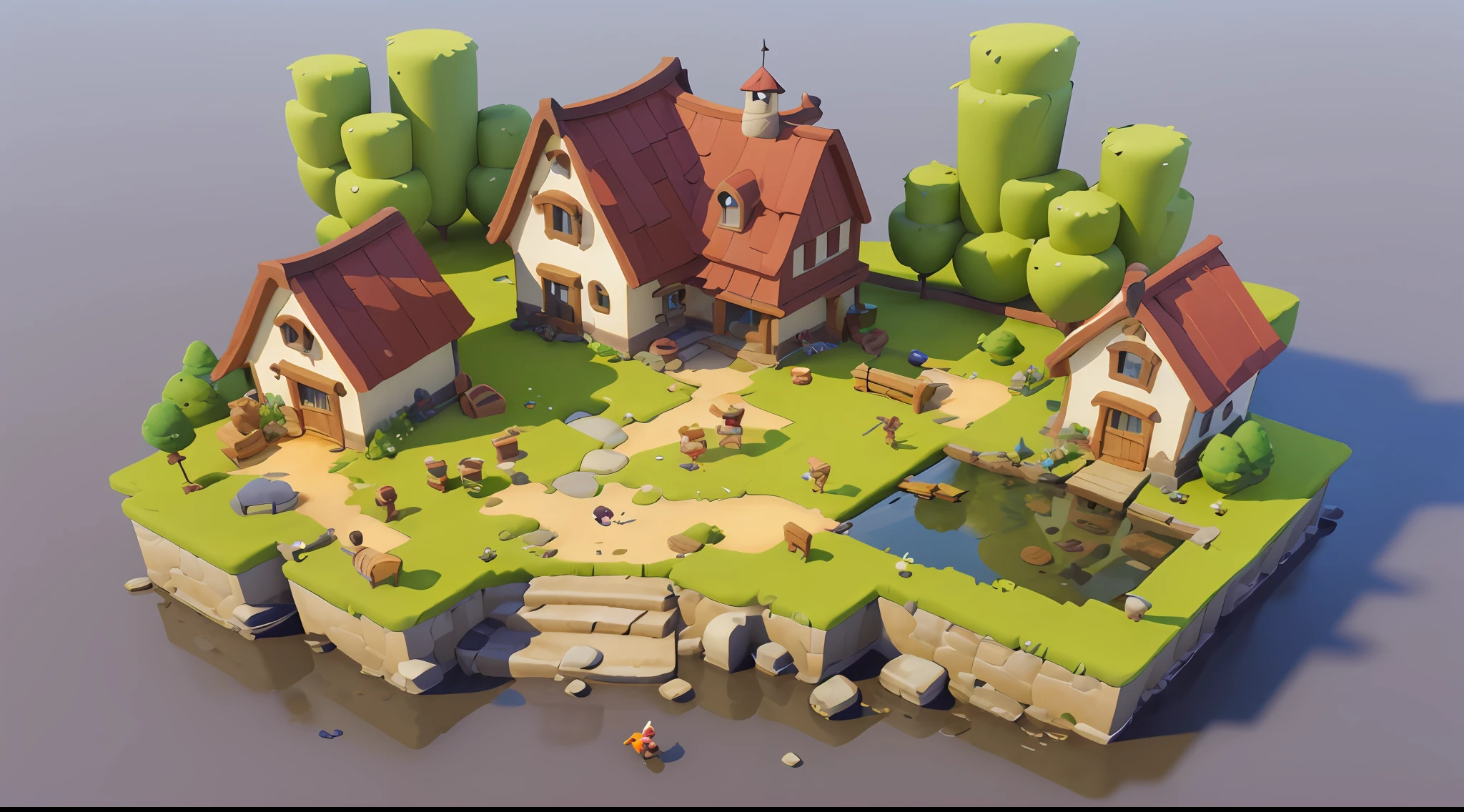 Game architecture design，Cartoony，Large farm，steins，ponds，small boats，grassy，farm house，Small rivers，borgar，the trees，Critters， casual game style， 3D， tmasterpiece， super detailing，Best quality at best