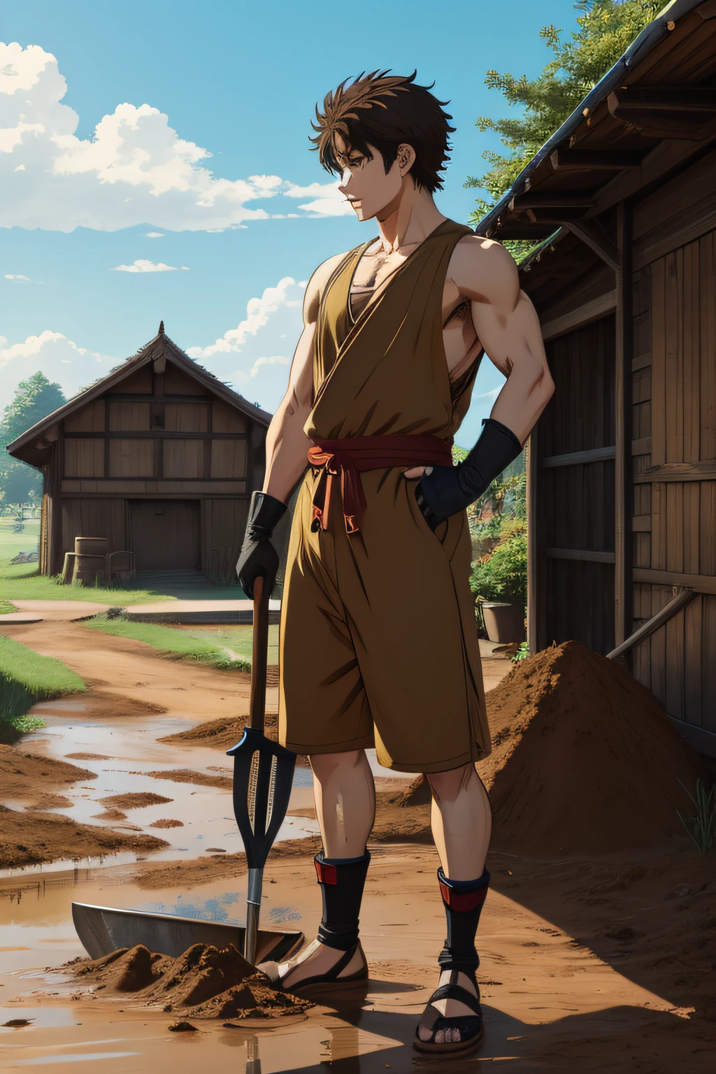 anime style, no realism, baki style, boy, short hair, dark hair, commoner, working with a shovel, old village, sunny day, muddy, side view.