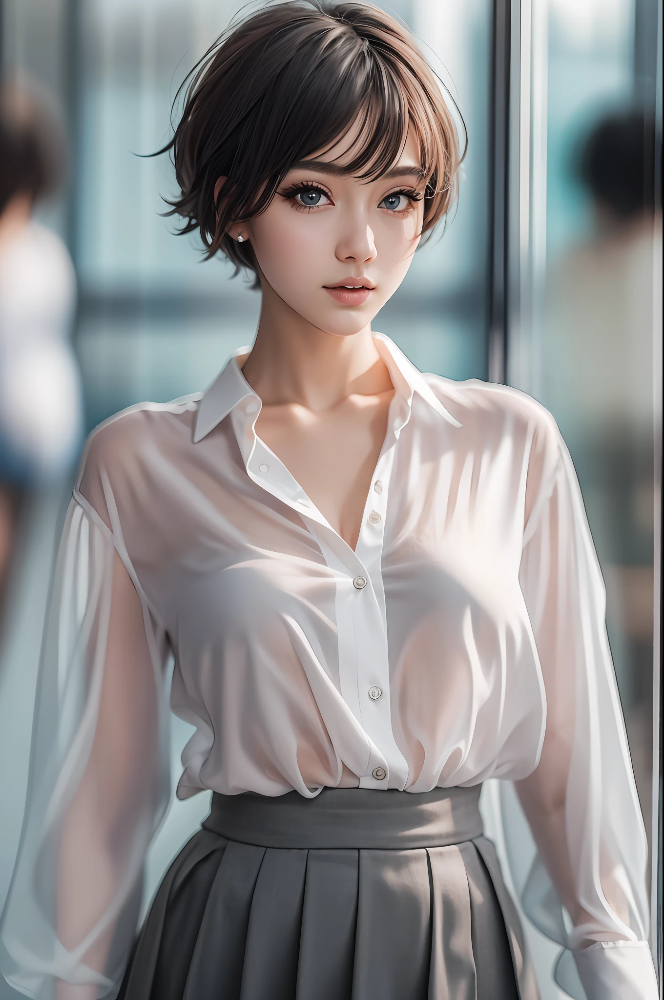 see-through, white simple shirt, black skirt, very large breasts, short hair, best quality, 8k, masterpiece, overall photo, natural light, clear focus, beauty with outstanding style, highly detailed face and skin texture, detailed eyes, double eyelids, office