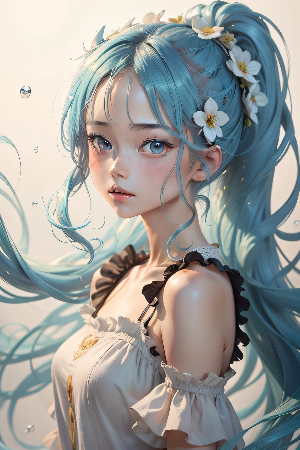 (masterpiece), (best quality), (ultra detailed),(disheveled hair),(illustration), (1girl), (Fashionable clothing), standing, Fashion model, looking at viewer, (interview), (simple background),beautiful detailed eyes, delicate beautiful face, Floating,(high saturation),(colorful splashes),colorful bubble,(shining), focus on face, ponytail, kamisato ayaka, light blue hair, bangs, hair ring, floating flowers, floating hairs, (shining), best lighting, best shadow,