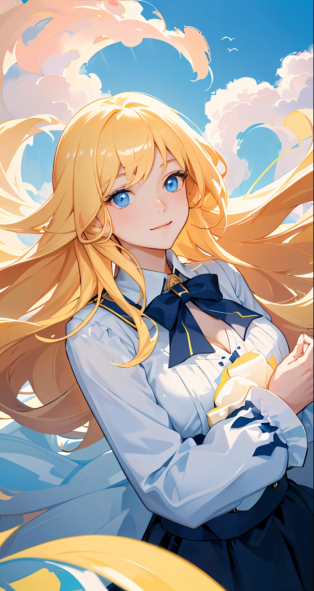 tmasterpiece,best qualtiy,filmposter,1girll,Floating in the sky,clouds,(closeup cleavage:1.1),brightly,cheerfulness,intriguing,gentlesoftlighting,warm,blond,Blue eyes(bauhause,Shape,lineworks,abstracted:1.1)