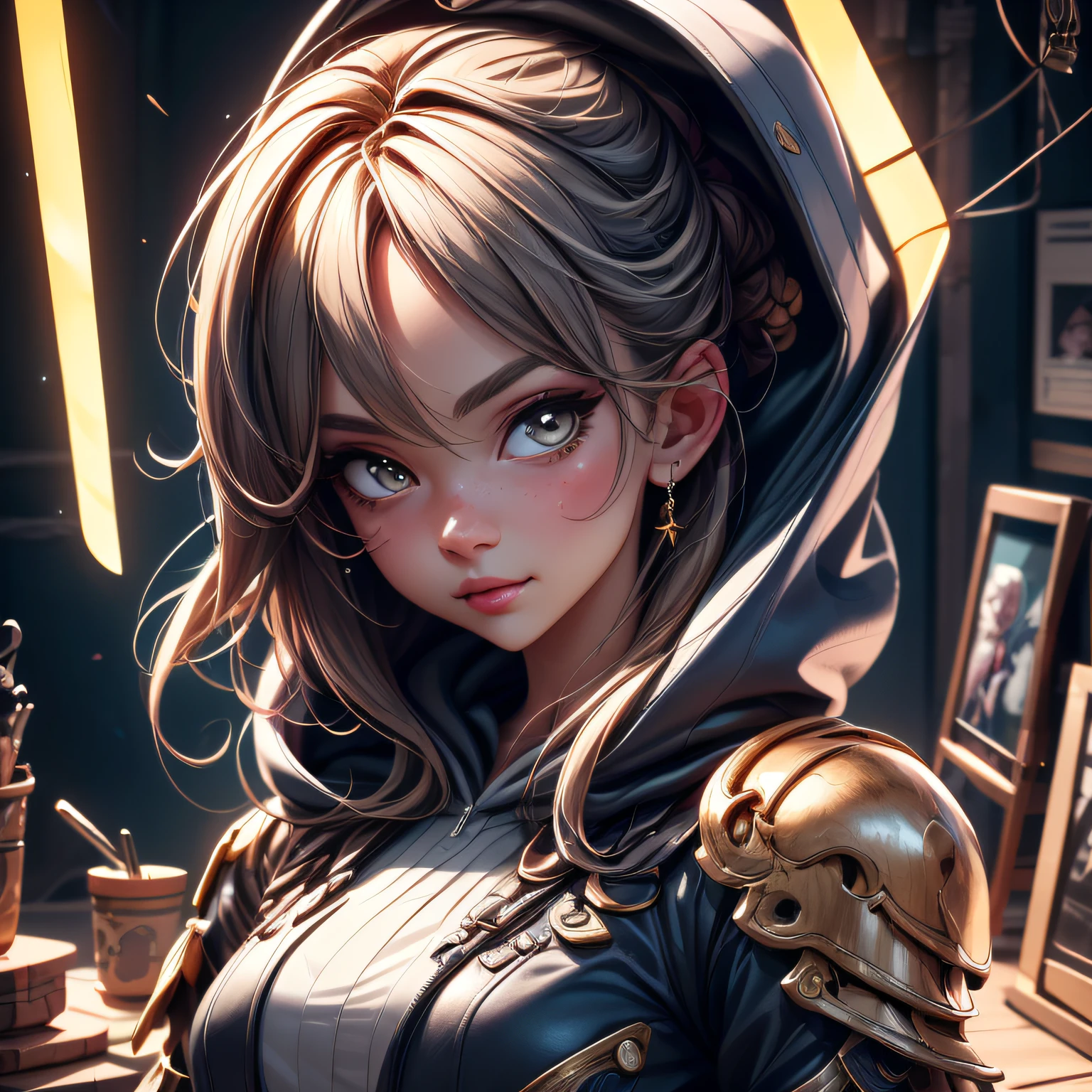 anime 1girl in her room, best quality digital illustration by wlop and artgerm, gorgeous lighting, detailed anime art, high quality, sharp focus, beautiful scene, detailed fur, detailed fur face with a black hoodie, detailed armor, portrait, detailed clothes, detailed background, artstation, realistic, expressive face, detailed hands, detailed eyes, artstation, insanely detailed, wallpaper, 8k, masterpiece