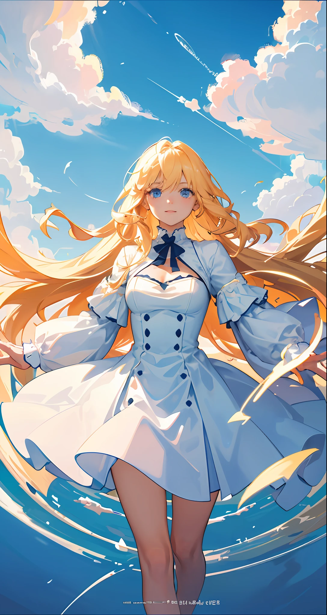 tmasterpiece,best qualtiy,filmposter,1girll,Floating in the sky,clouds,(closeup cleavage:1.1),brightly,cheerfulness,intriguing,gentlesoftlighting,warm,blond,Blue eyes(bauhause,Shape,lineworks,abstracted:1.1)