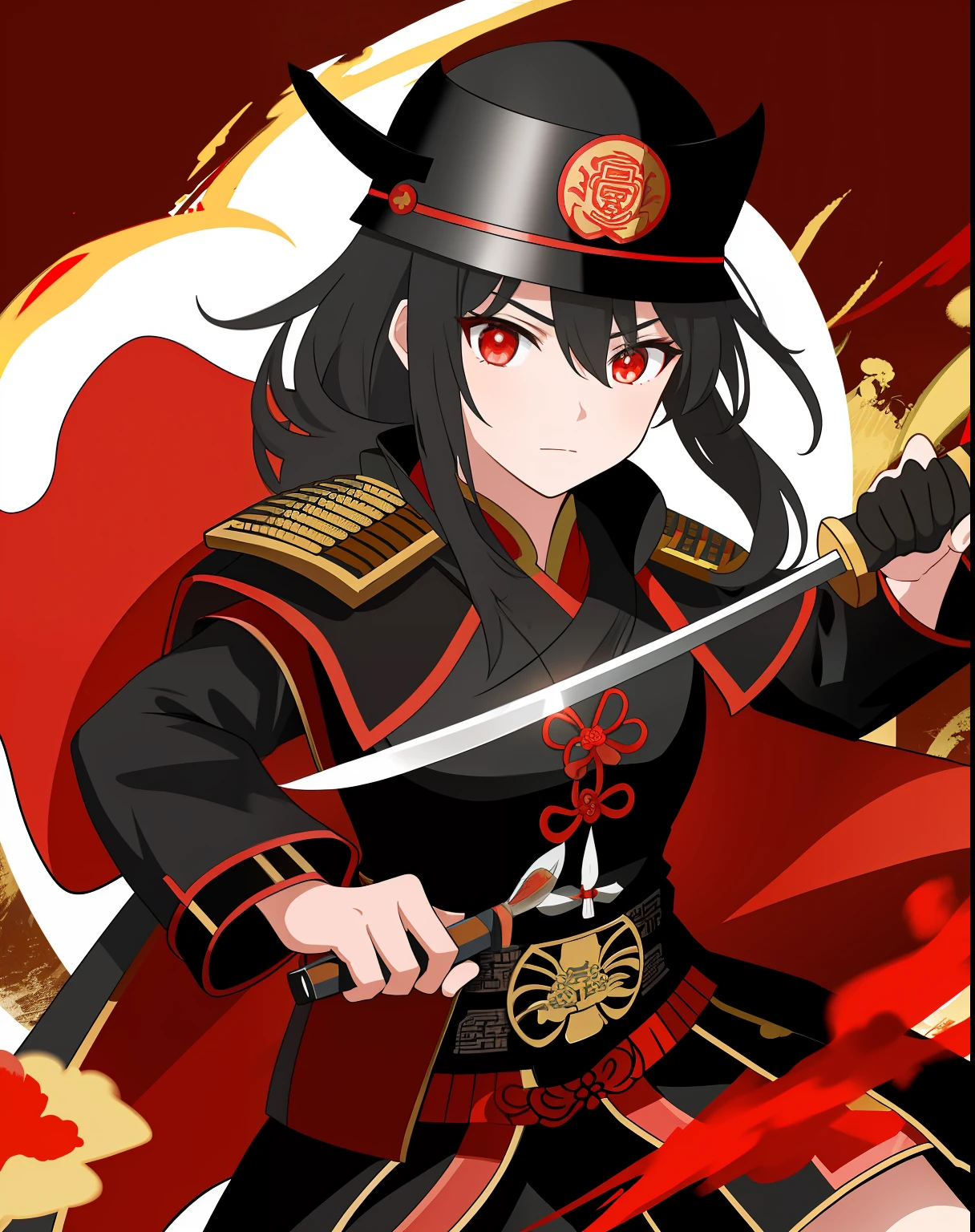 Ancient Chinese military general,Black armor,Red cape,schoolgirls,With a long knife in his hand,red color eyes,Qin dynasty style,Ancient helmets
