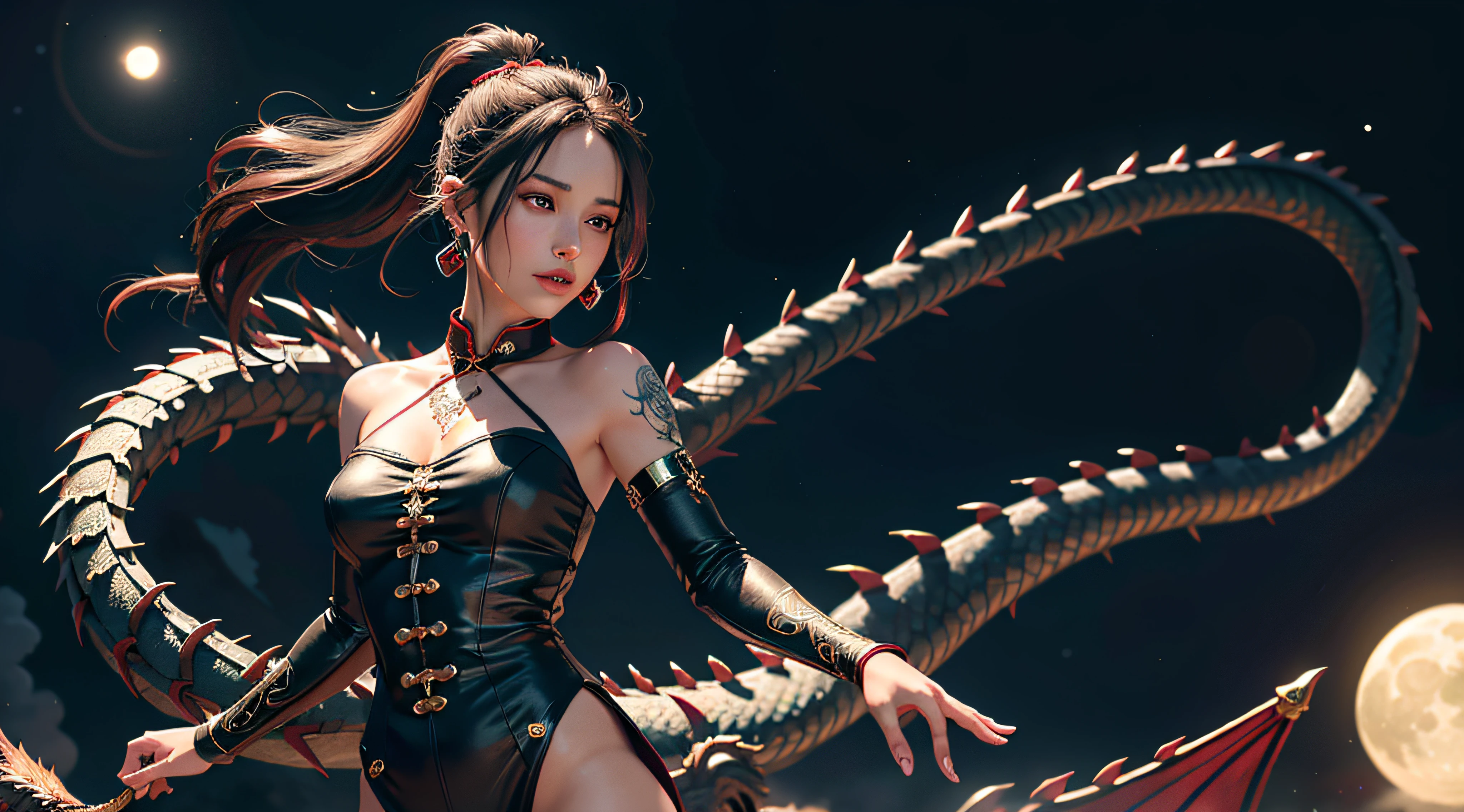 photorealistic, extremely detailed CG unity 8k wallpaper,masterpiece, best quality, ultra-detailed, beautiful detailed eyes,best illumination, best shadow,dragon_real, (1gril),solo,Olivia Munn face, (crimson dragon:1.4), long hair,ponytail,Bare shoulders,(crimson cheongsam:1.2),(green jewel:1.2),earrings,bare legs,(crimson tattoos and dragon),collarbone,lips,moon,black silk stockings,8k, Beautiful facial features,starry sky,Complex decoration,Black Armor,looking at viewer,Strong lighting,light and shadow texture,texture details. dress should be dignified