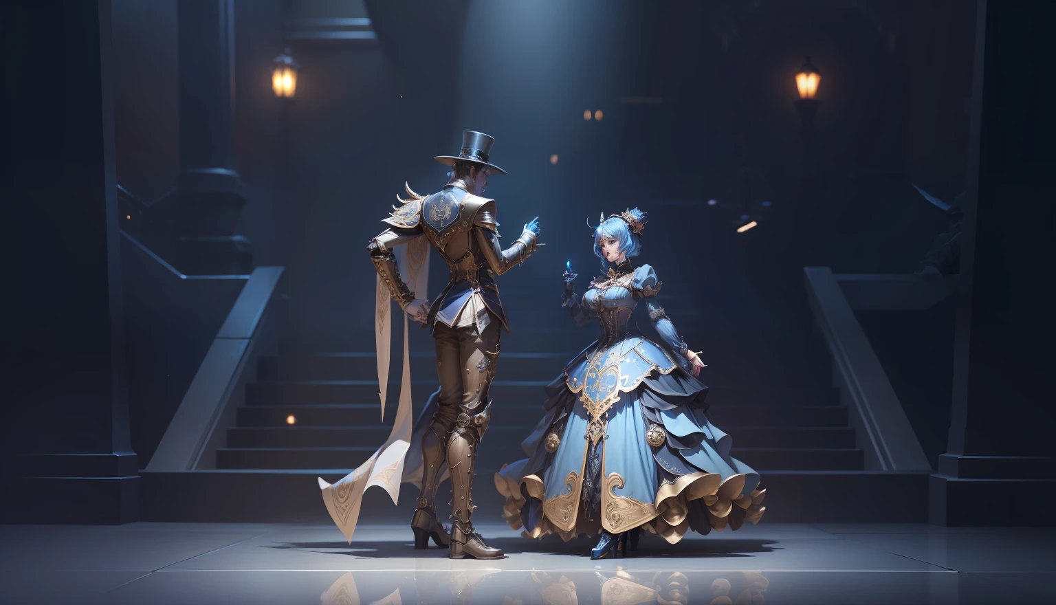 Robot couple waltzing in steampunk-style mechanical gala outfits, Boss de RPG de d&d, with robotic faces emanating details hex blue sitillant, magic energy, Metallic clothes of the Victorian Aetherpunk era