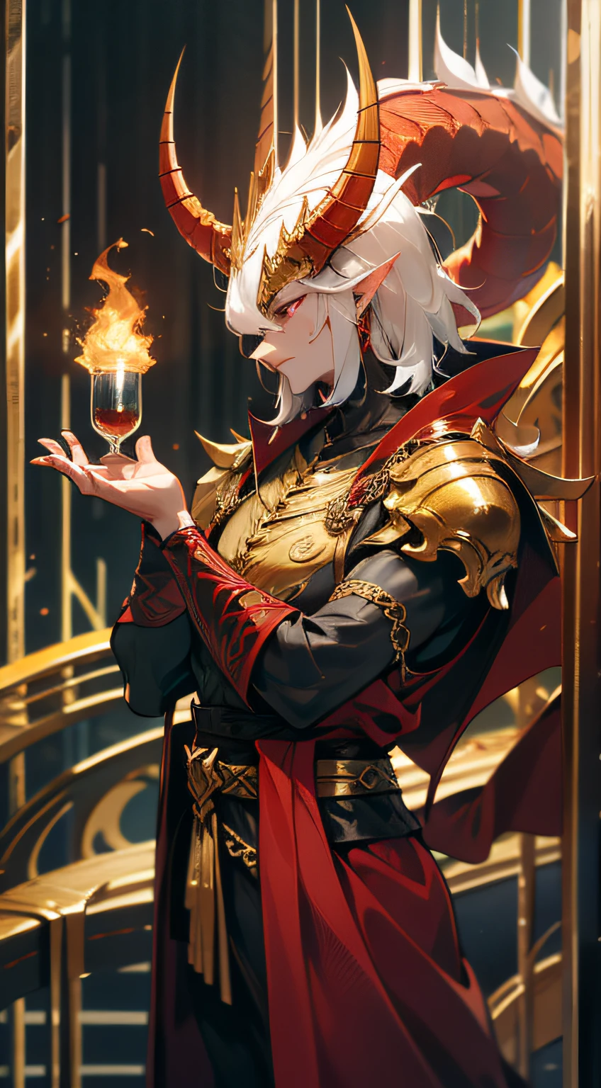 a red dragon with a red robe adorned with gold, fundo de fogo, vulkan,