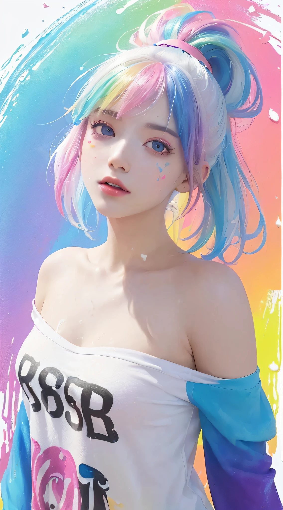 (Pink Fashion T-shirt:1.9),(Colorful hair: 1.8), (all the colours of the rainbow: 1.8),(((((vertical painting:1.6))), (painting:1.6),front, comics, illustrations, paintings, large eyes, crystal clear eyes,( rainbow color gradient high ponytail:1.7), exquisite makeup, closed mouth,(Small Fresh: 1.5),(Wipe Chest: 1.6) ,long eyelashes, white off shoulder T-shirt, White Shoulder Shirt,looking at the audience, large watery eyes, (rainbow colored hair:1.6), color splash, (solo:1.8), color splash, color explosion, thick paint style, messy lines, ((shining)),(colorful), (colorful), (colorful), colorful, Thick Paint Style, (Splash) (Color Splash), Vertical Painting, Upper Body, Paint Splash, Acrylic Pigment, Gradient, Paint, Highest Image Quality, Highest Quality, Masterpiece, Solo, Depth of Field, Face Paint, colorful clothes, (Elegant: 1.2), gorgeous,long hair, wind, (Elegant: 1.3), (Petals: 1.4),(((masterpiece))),(((best quality))),((ultra-detailed)),(illustration),(dynamic angle),((floating)),(paint),((disheveled hair)),(solo),(1girl) , (((detailed anima face))),((beautiful detailed face)),collar,bare shoulders,white hair, ((colorful hair)),((streaked hair)),beautiful detailed eyes,(Gradient color eyes),(((colorful eyes))),(((colorful background))),(((high saturation))),(((surrounded by colorful splashes))),