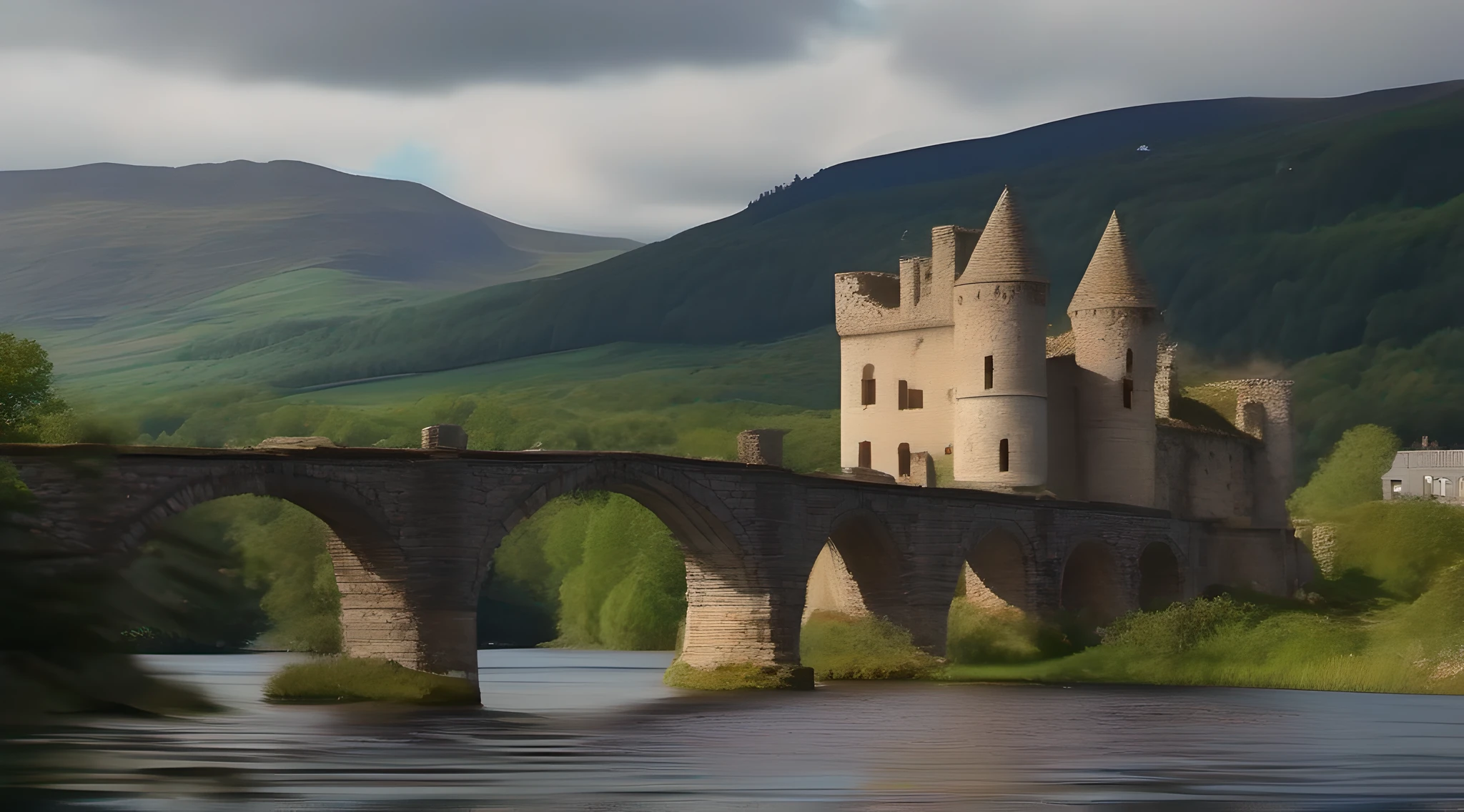 Demolished castle of (((Romanesque architecture))) located in the middle of a Scottish lake (highlands) reached by a ((long bridge)). Realistic photography of great quality. Low point of view. 8K, UHD.